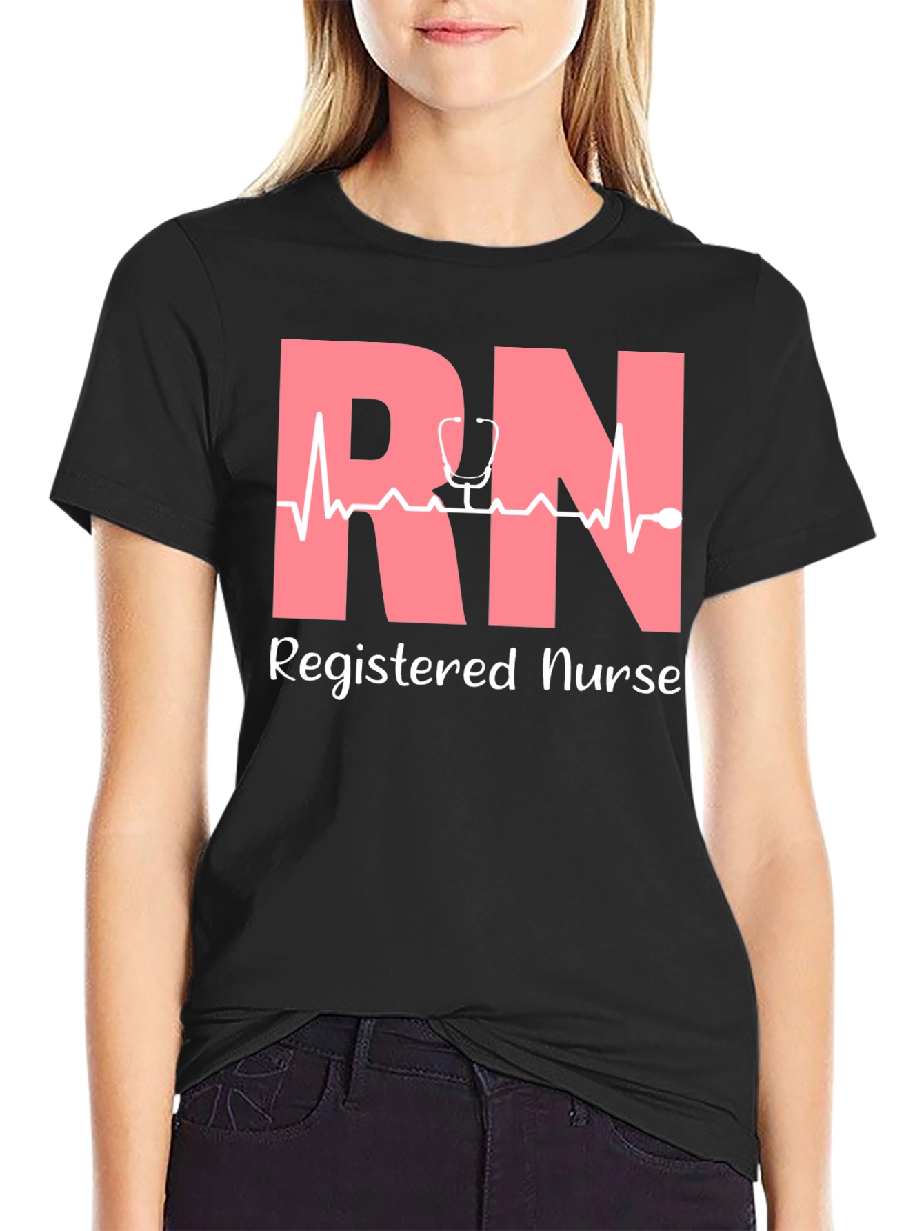 RN Registered Nurse T-Shirt - Stethoscope Heartbeat Design