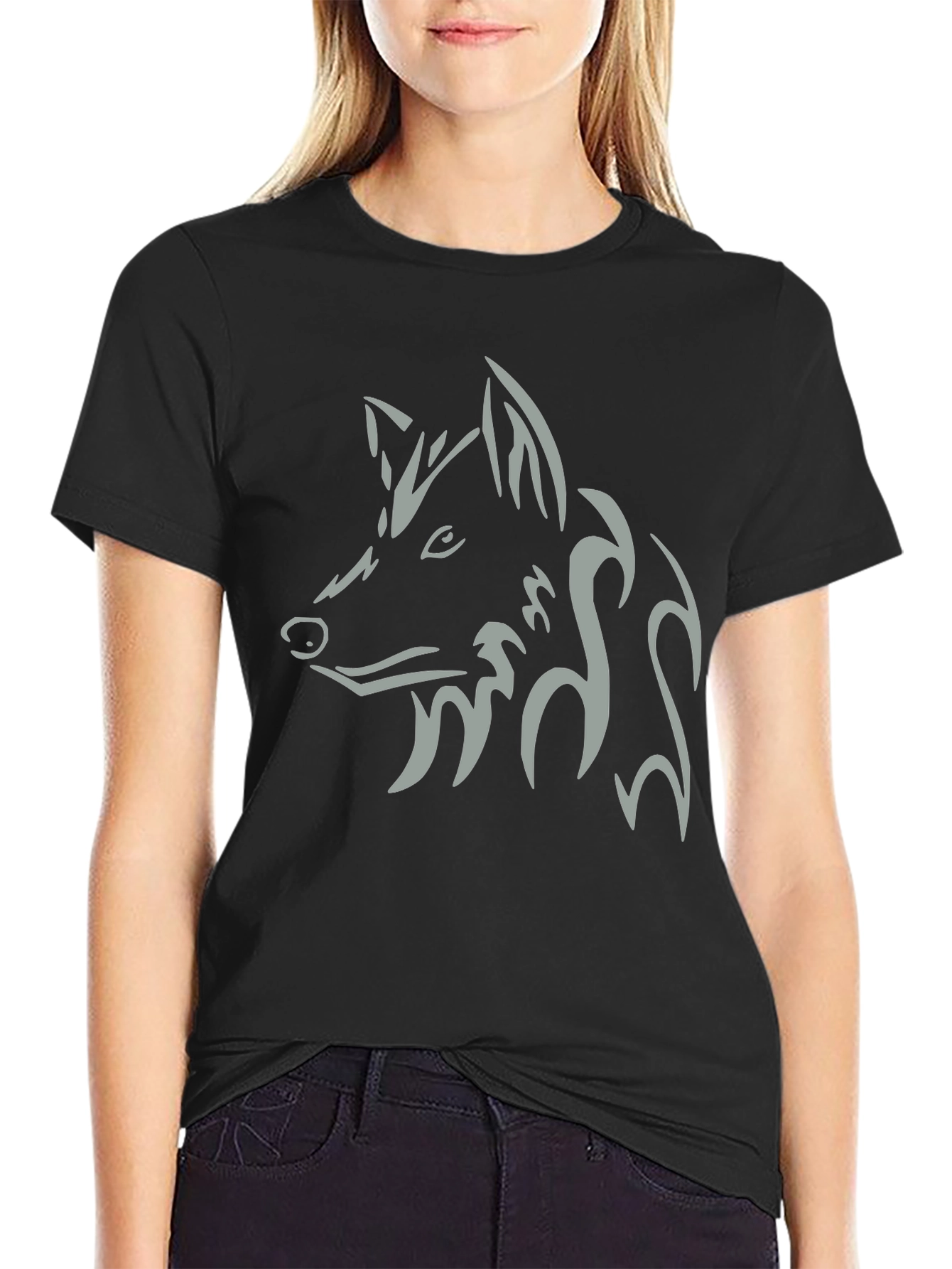 Mens Black T-Shirt with Tribal Wolf Design