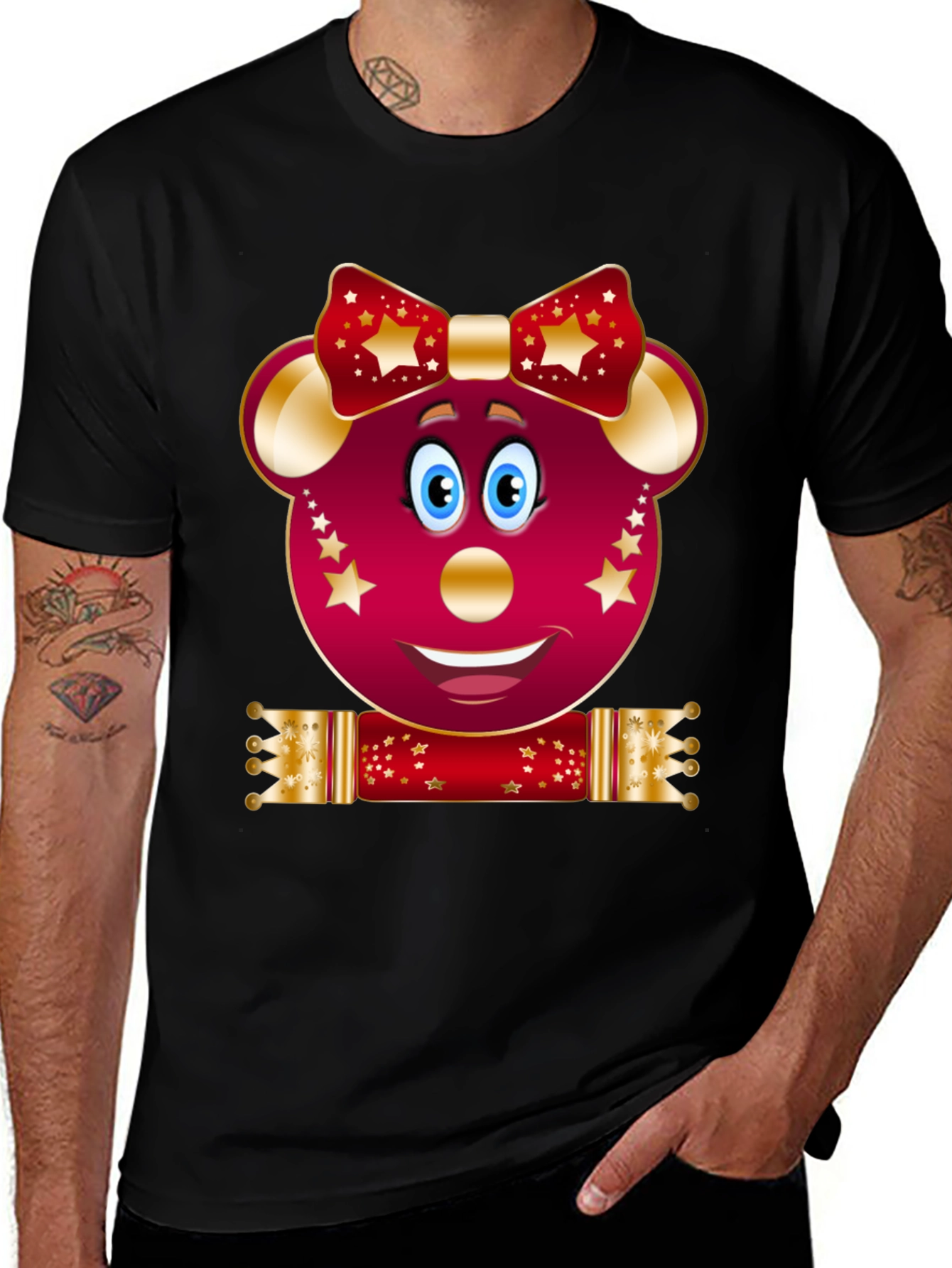 Festive Cartoon Mouse Black T-Shirt