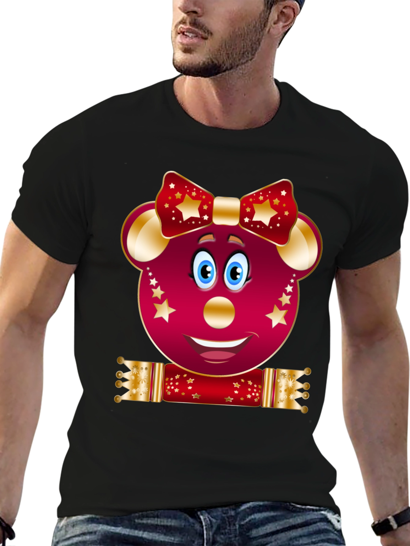 Festive Cartoon Mouse Black T-Shirt