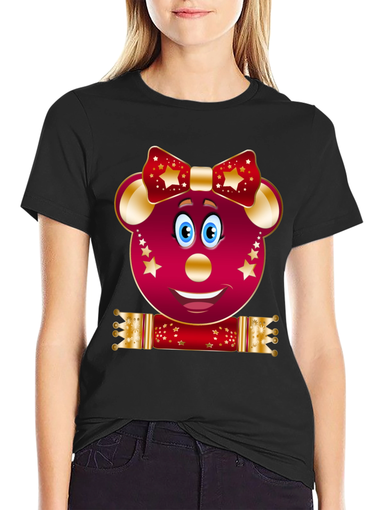Festive Cartoon Mouse Black T-Shirt