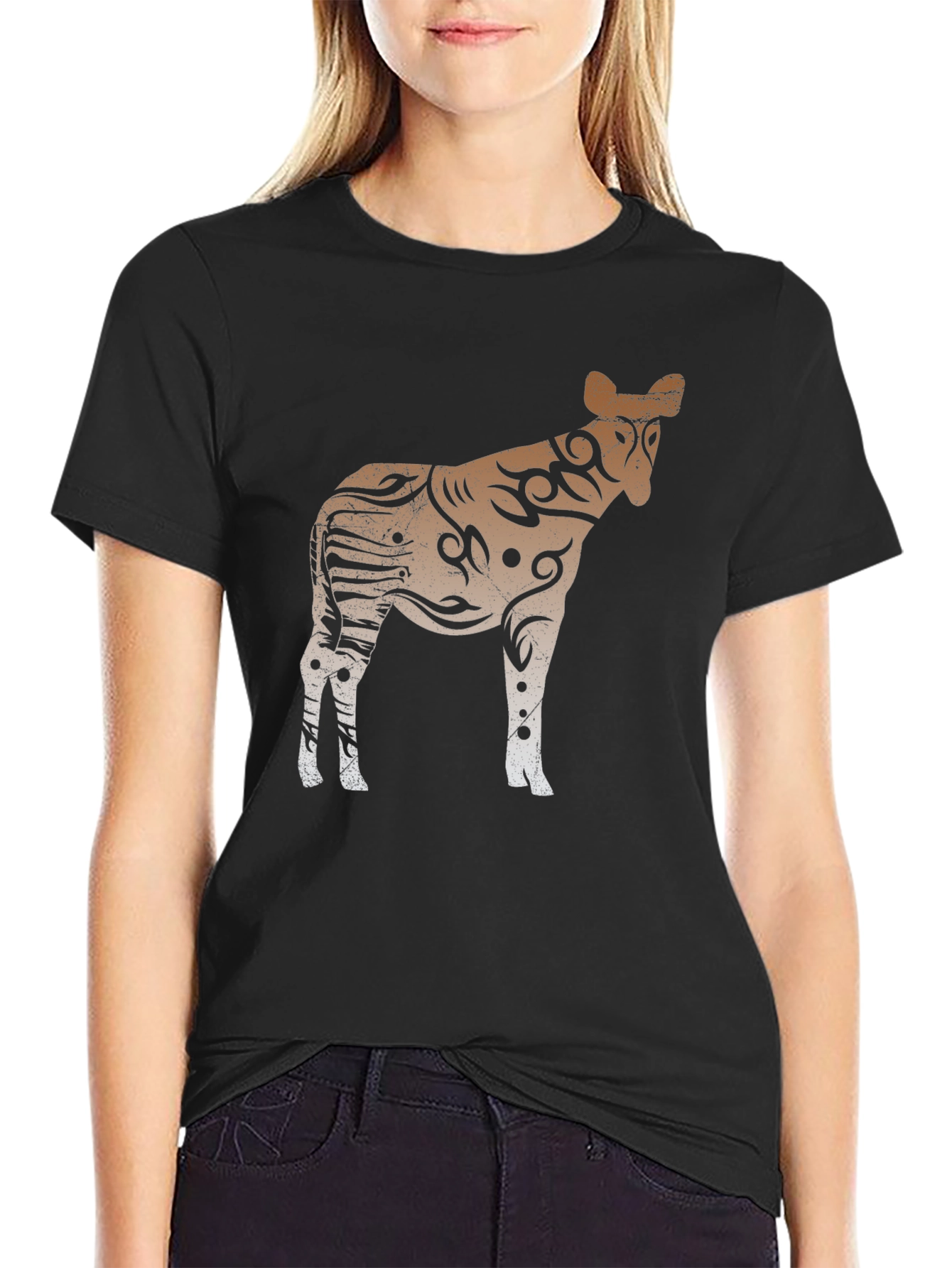 Tribal Zebra Graphic Print Black T-Shirt