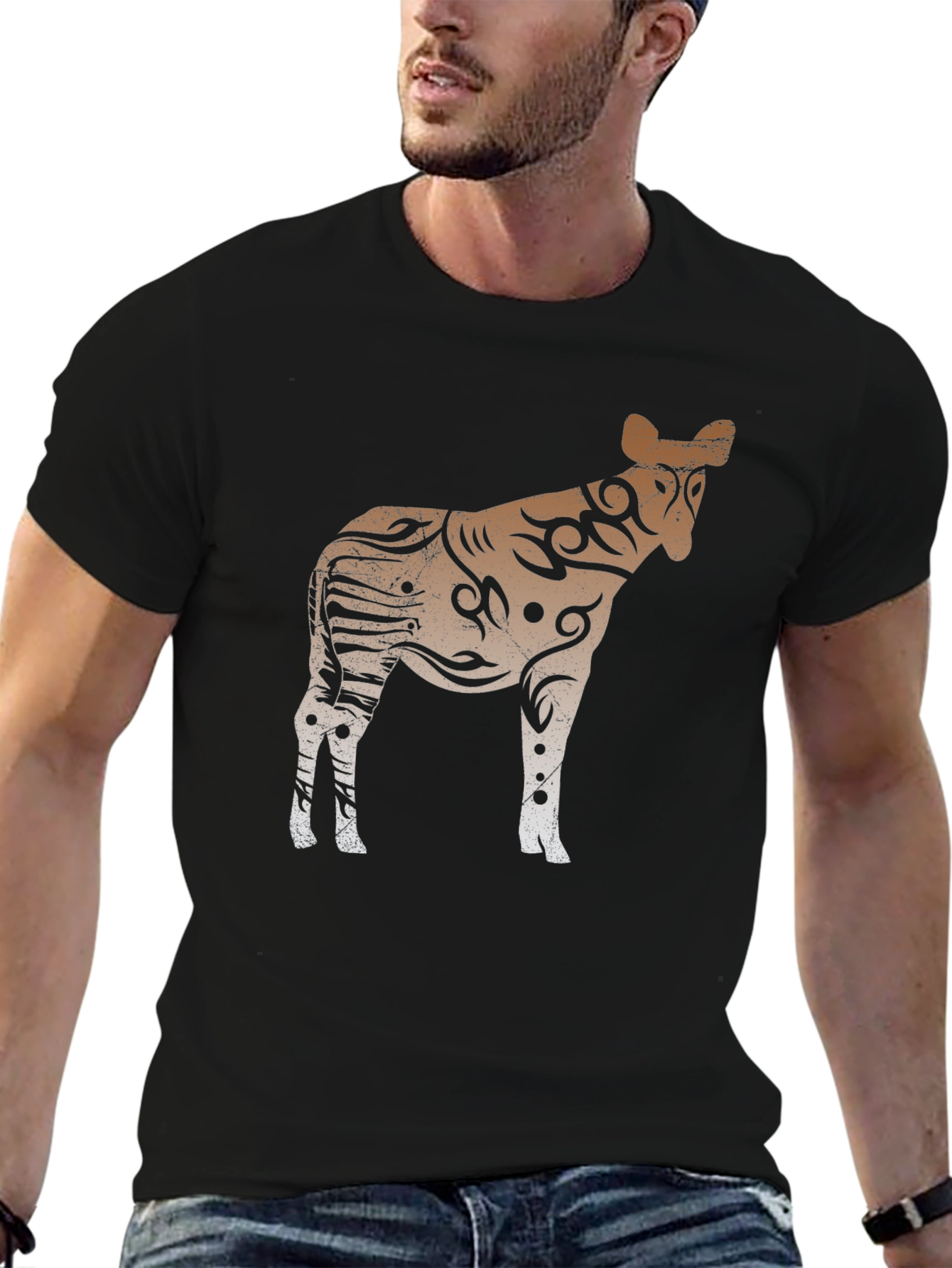Tribal Zebra Graphic Print Black T-Shirt