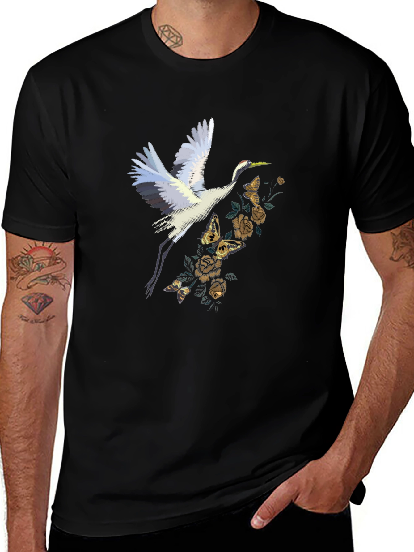 Crane & Floral Graphic Tee - Black