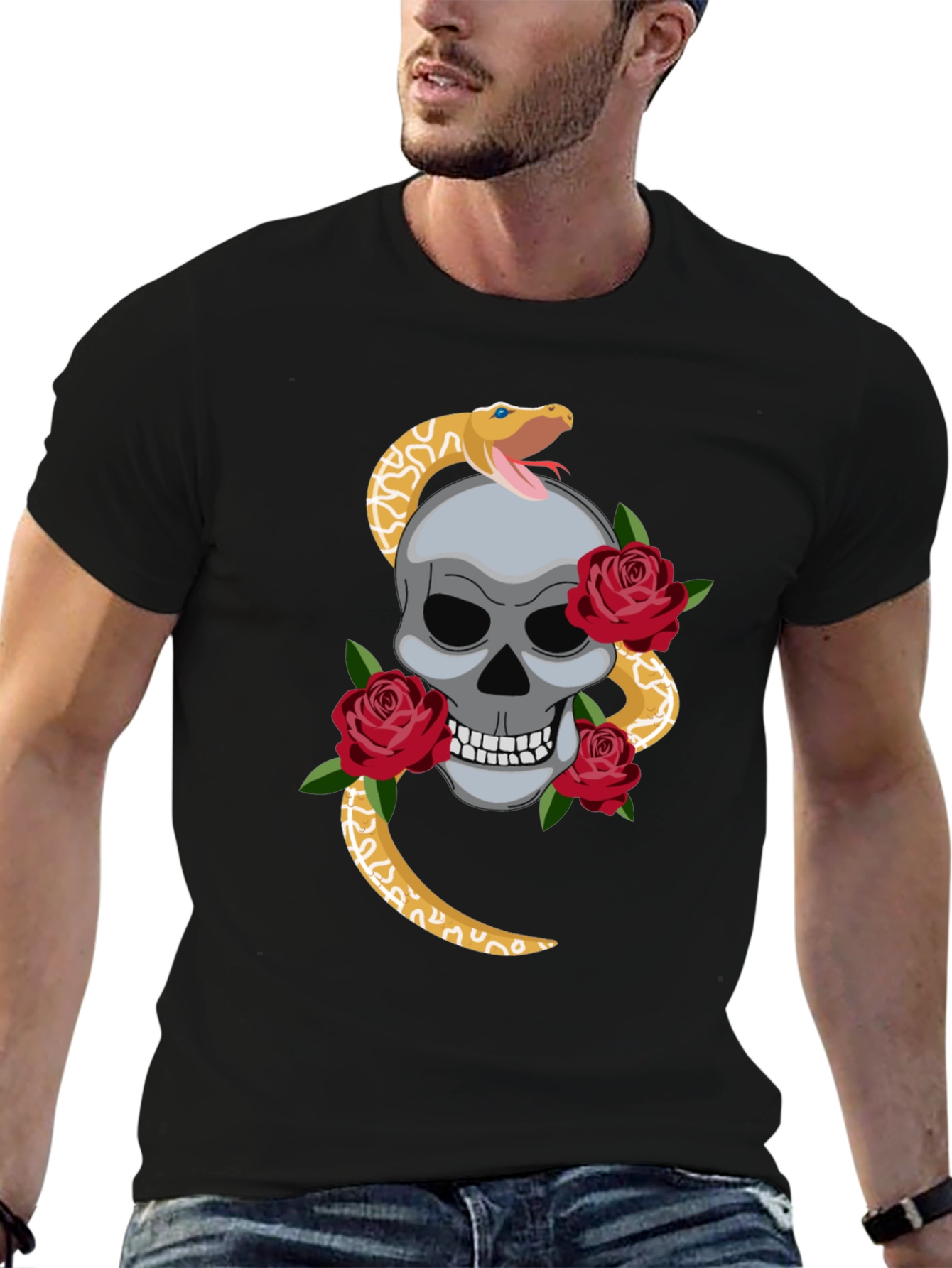 Skull Snake & Roses Graphic Tee - Black
