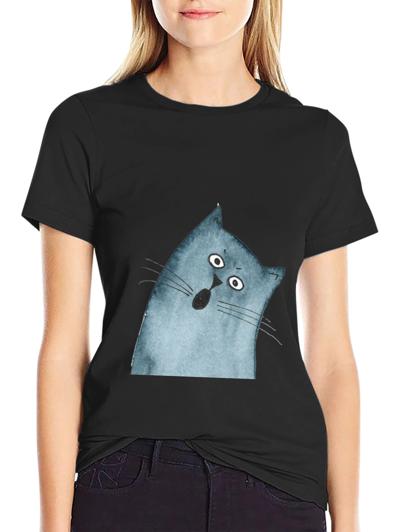 Surprised Cat Graphic Tee - Black Cotton Casual Top