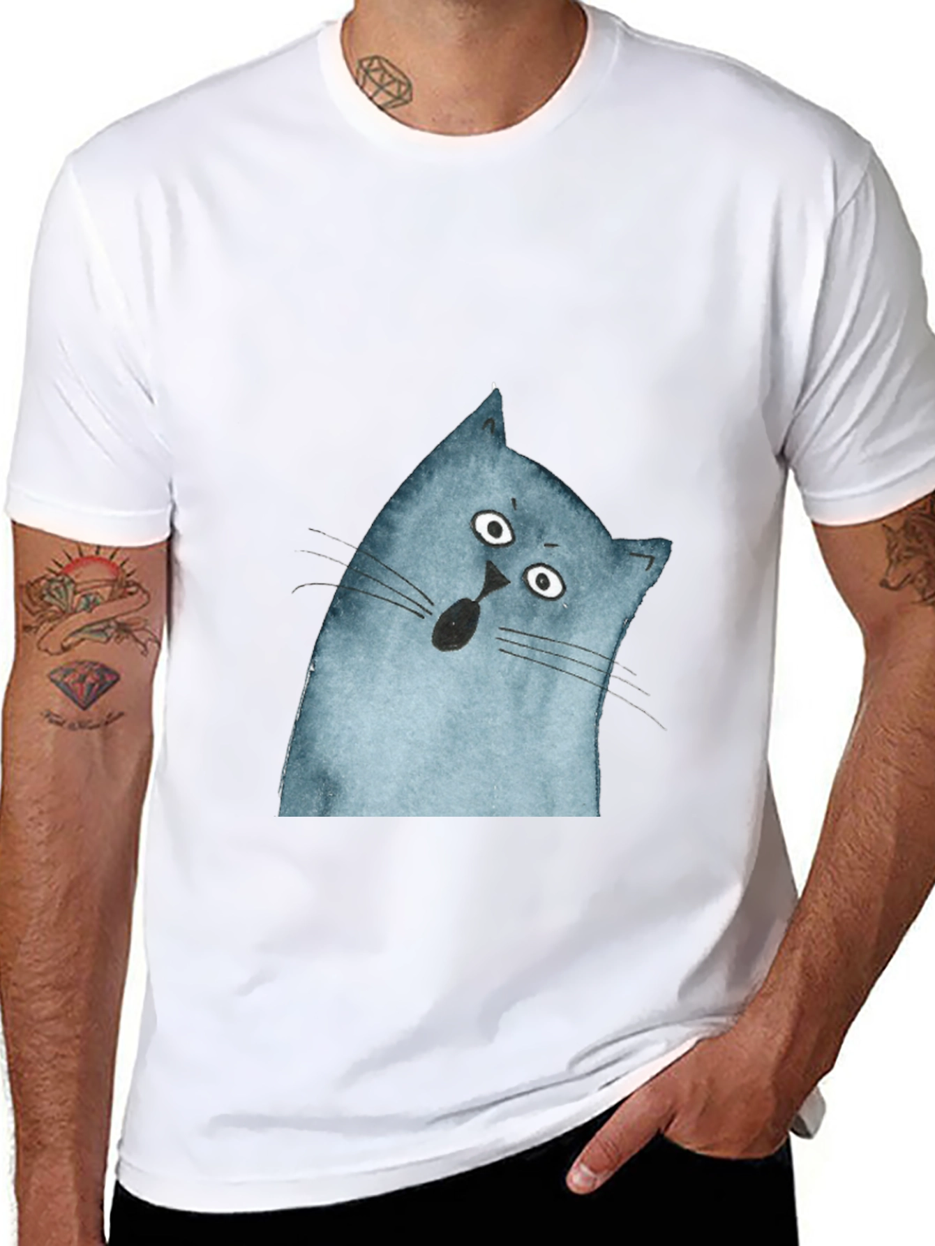 Surprised Cat Graphic Tee - Black Cotton Casual Top