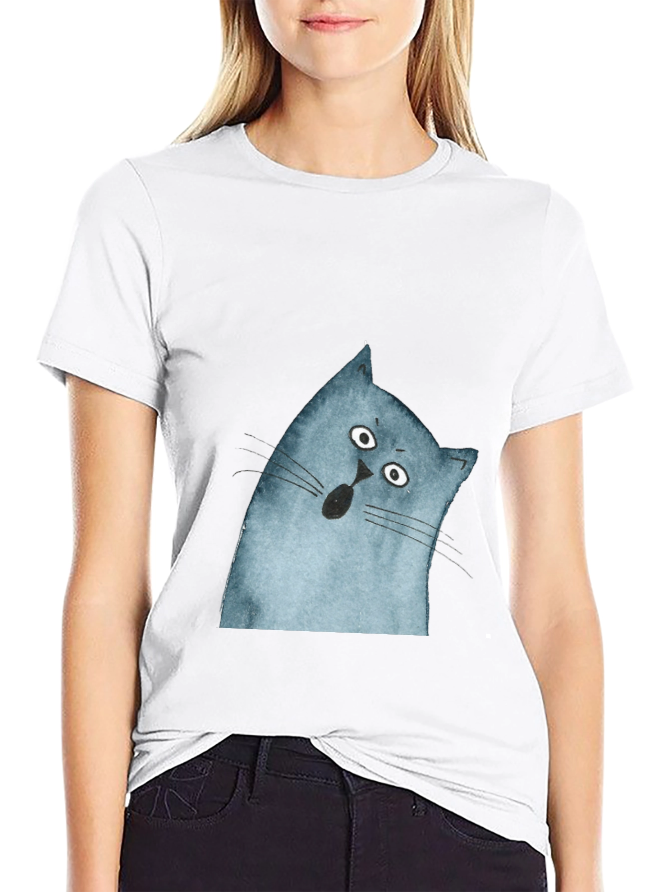 Surprised Cat Graphic Tee - Black Cotton Casual Top