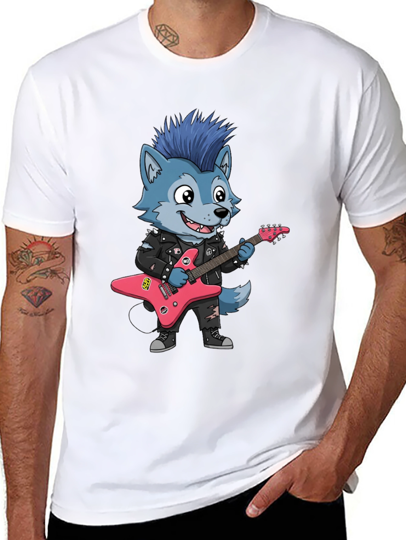 Cool Wolf Rocker Graphic Tee - Black Cotton T-Shirt