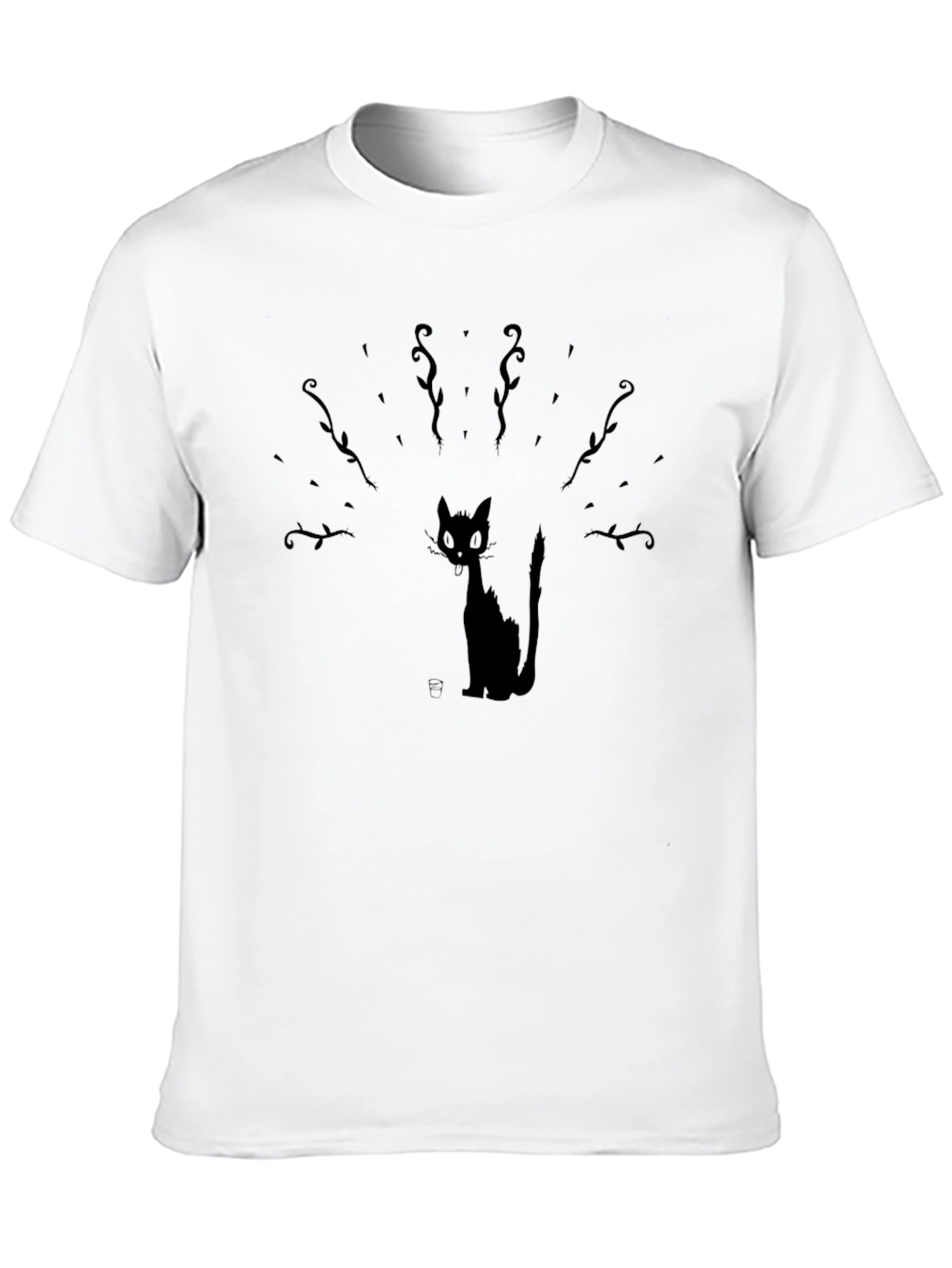 Whimsical Cat Graphic Tee - Black Cotton