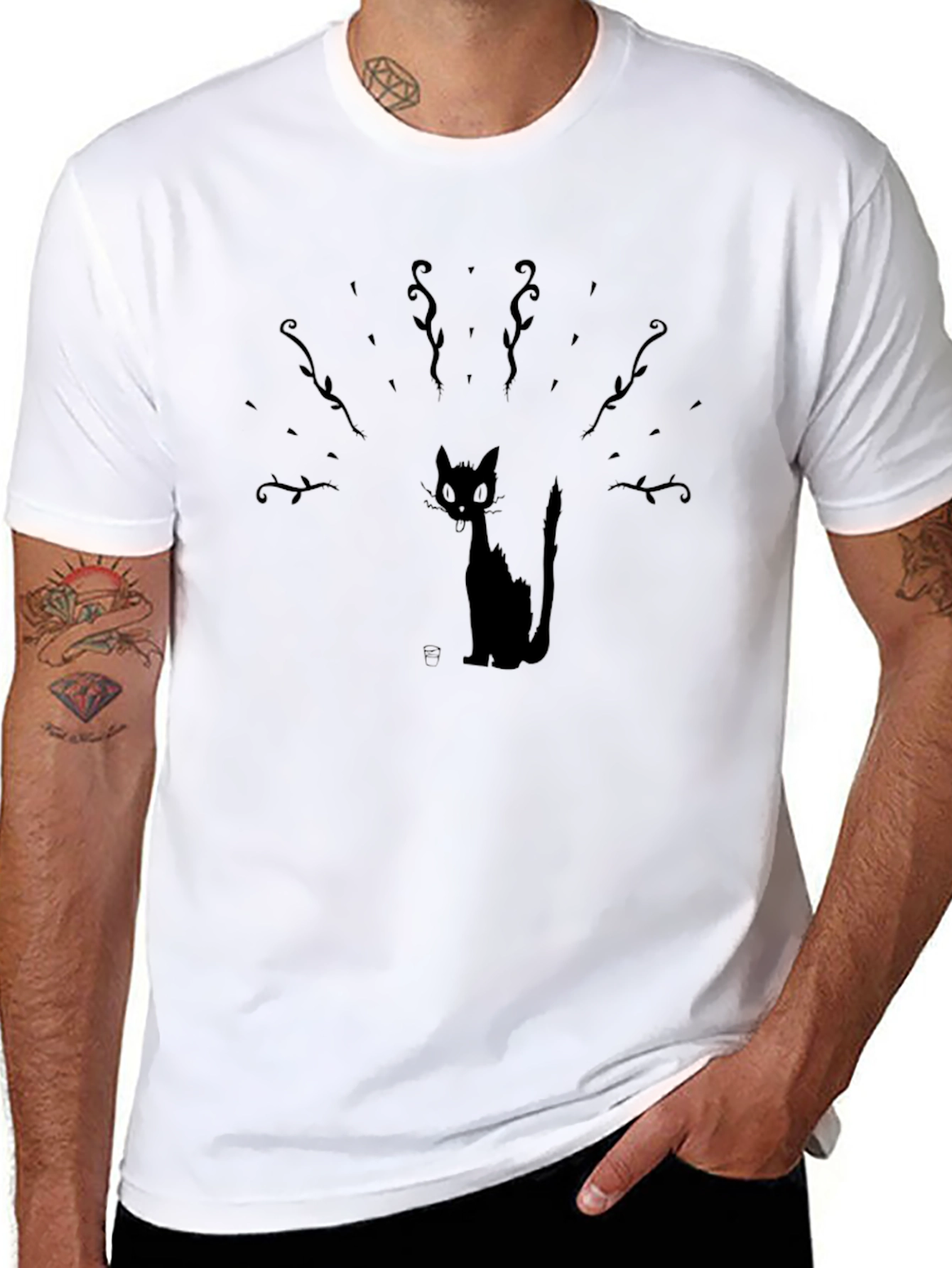 Whimsical Cat Graphic Tee - Black Cotton