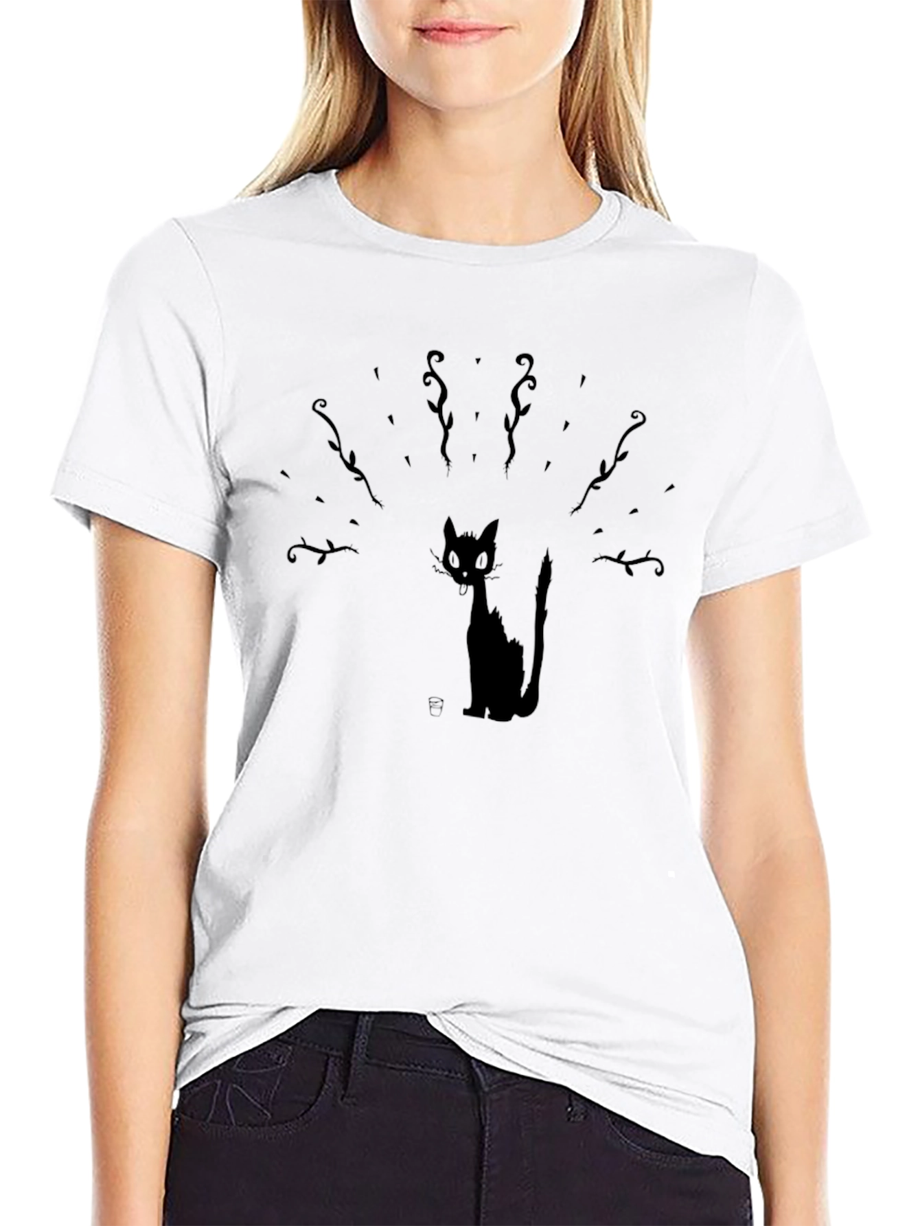 Whimsical Cat Graphic Tee - Black Cotton
