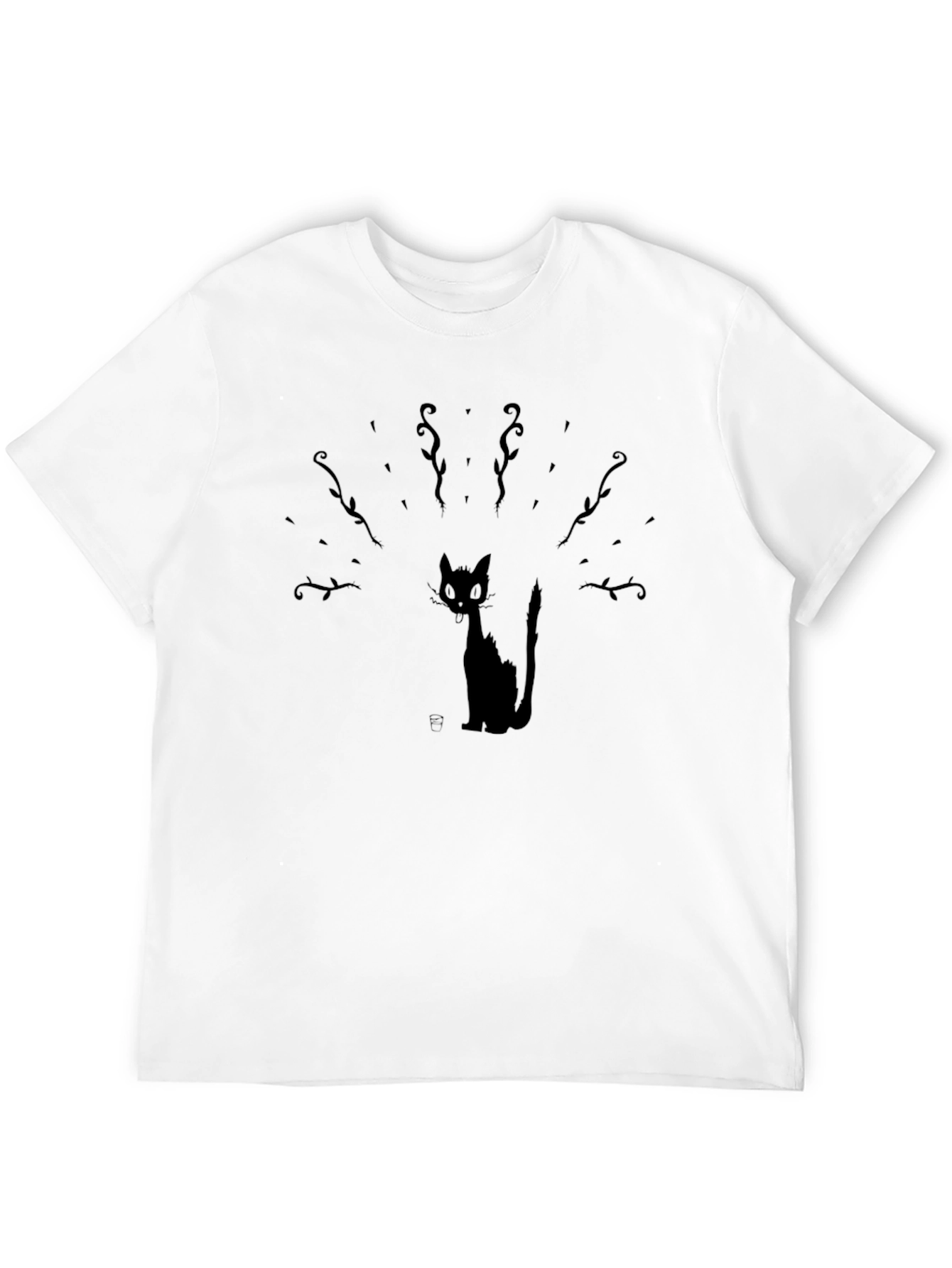 Whimsical Cat Graphic Tee - Black Cotton