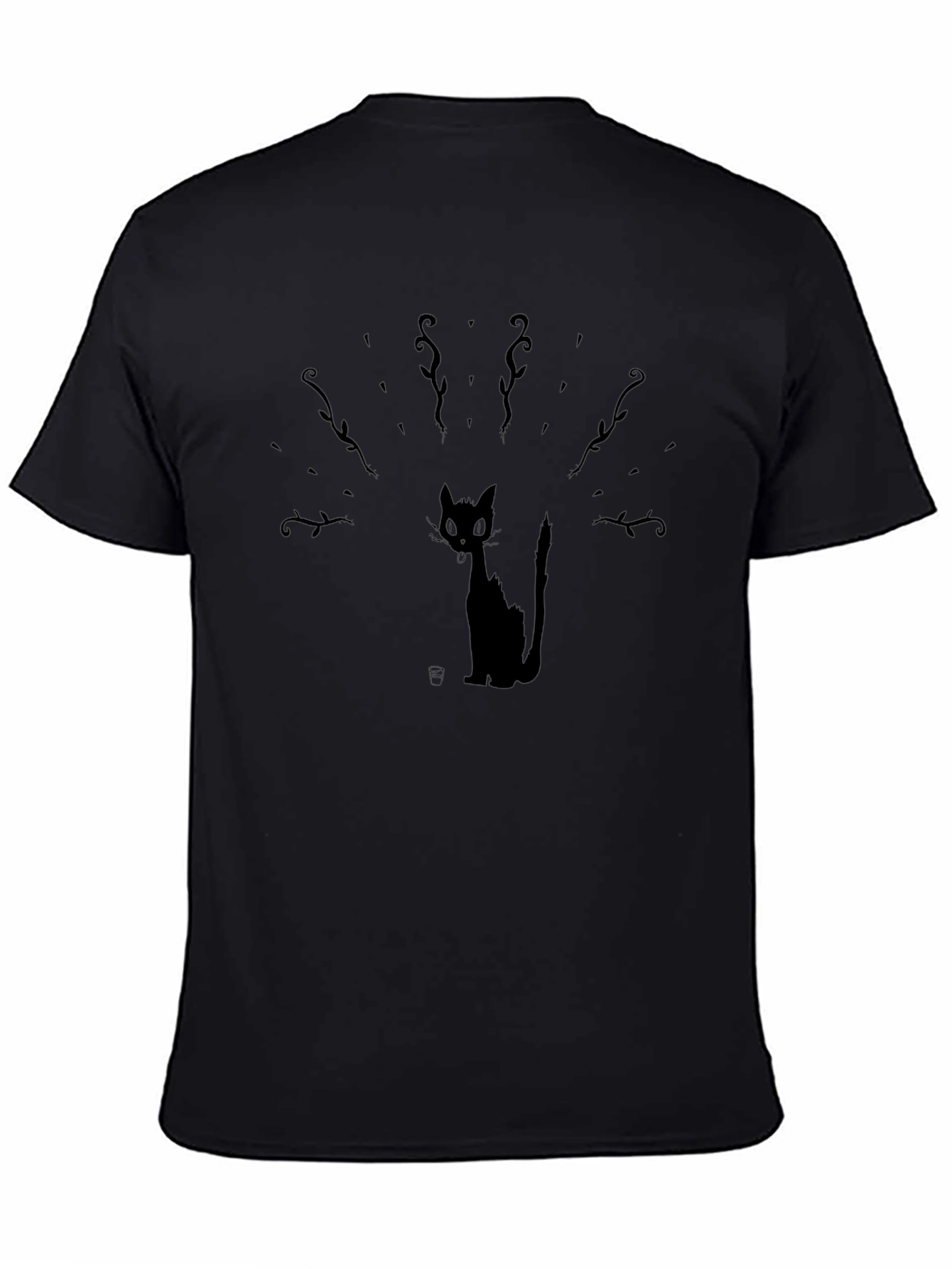 Whimsical Cat Graphic Tee - Black Cotton
