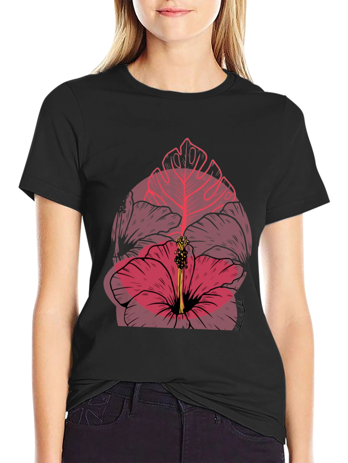 Tropical Flower Graphic Mens Black T-Shirt