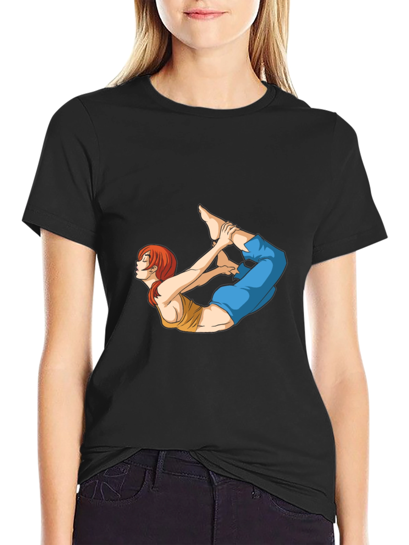 Yoga Pose Anime Graphic Black T-Shirt