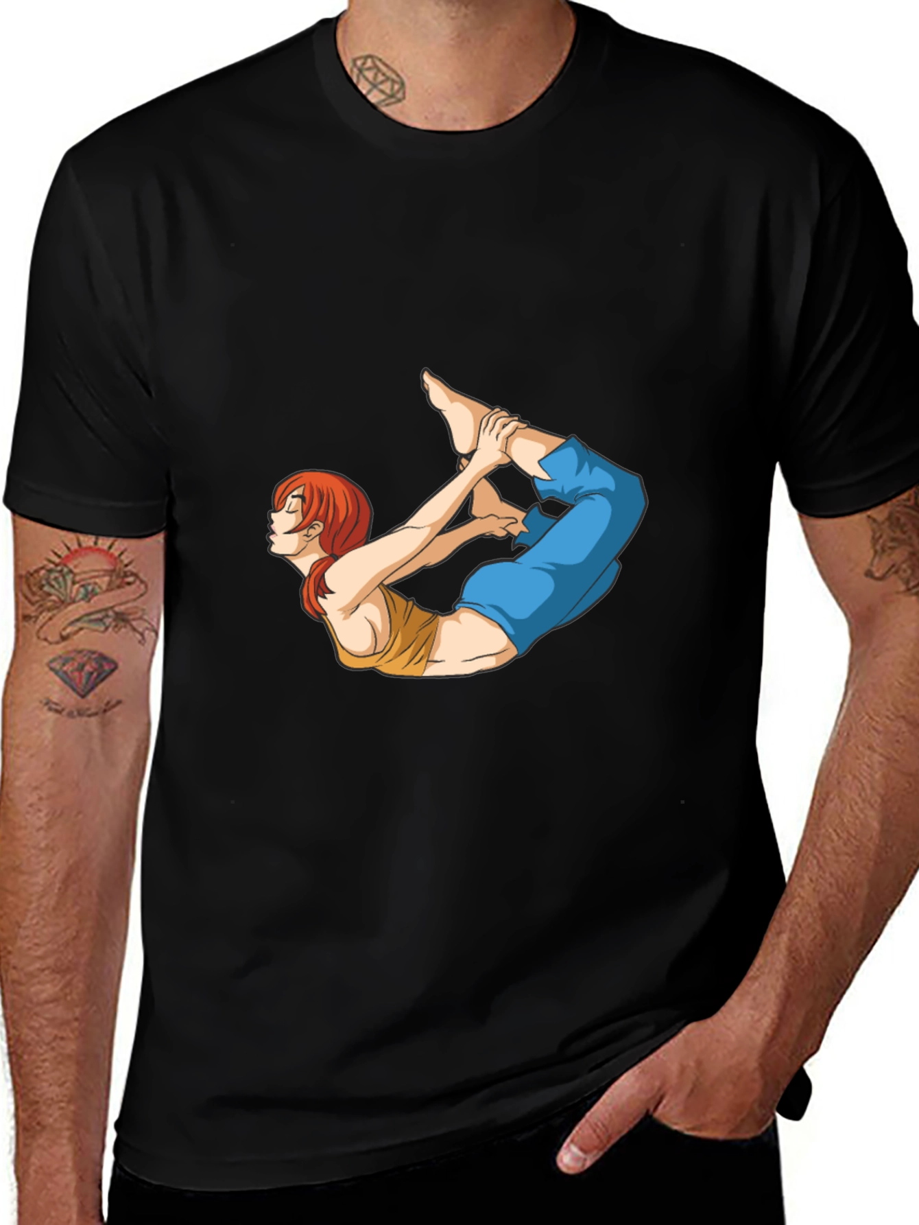 Yoga Pose Anime Graphic Black T-Shirt