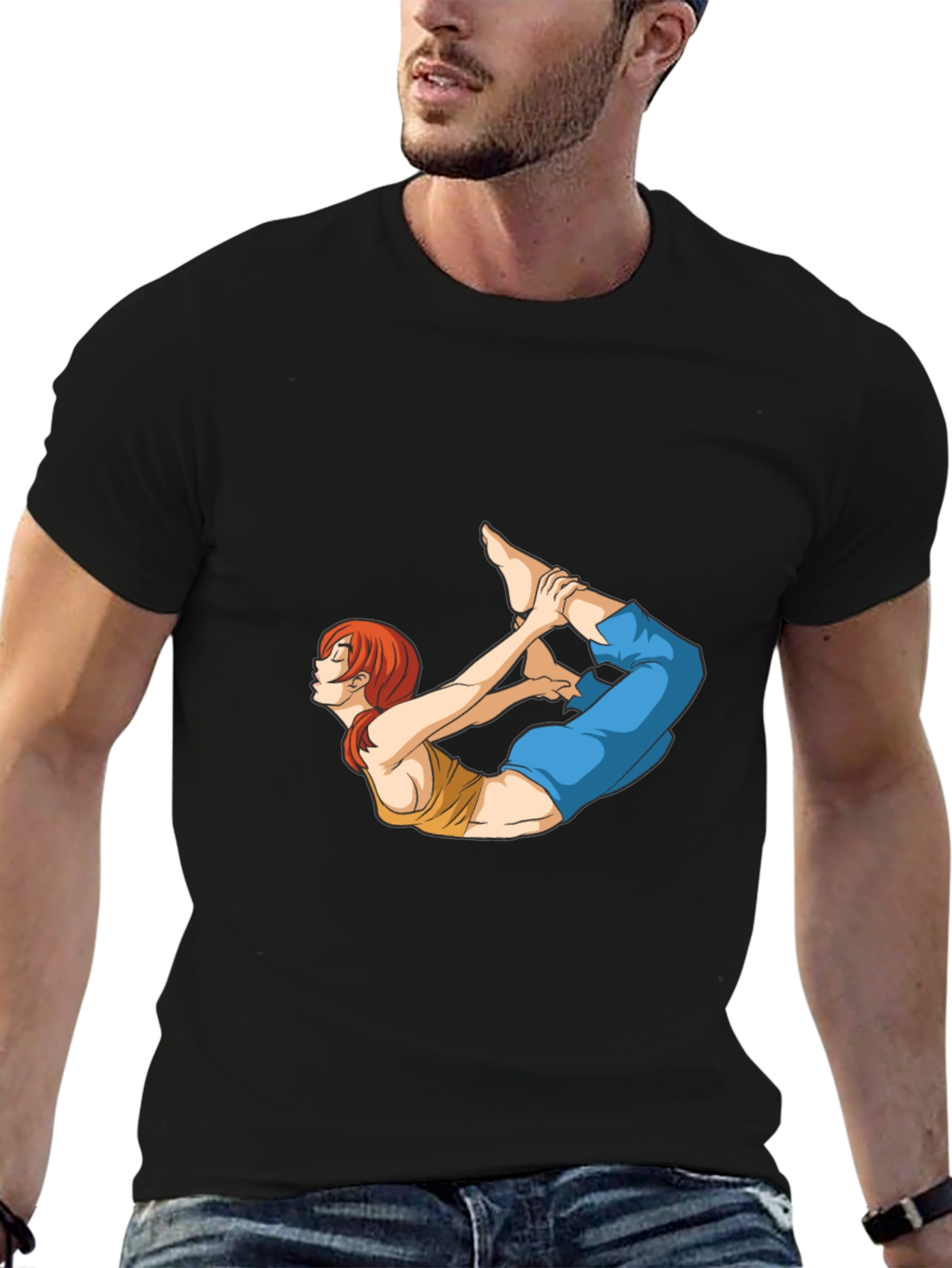 Yoga Pose Anime Graphic Black T-Shirt