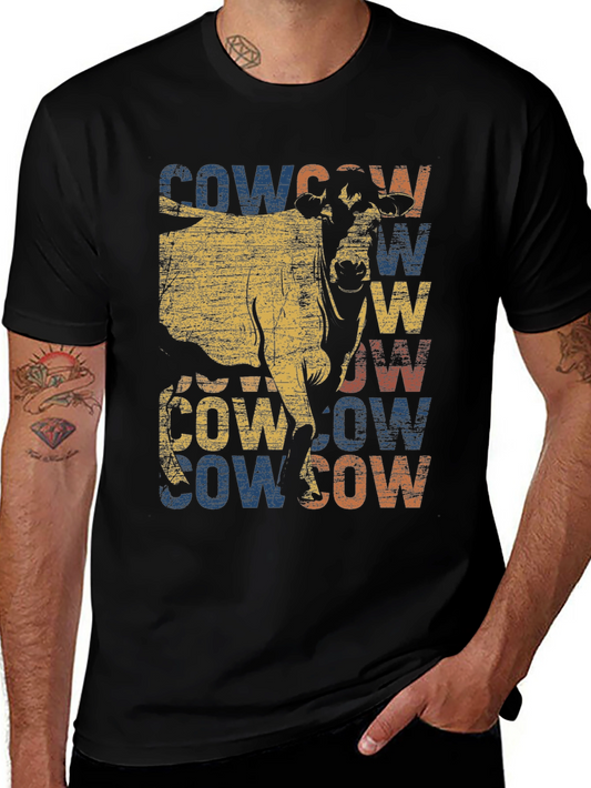 Retro Cow Graphic Tee - Vintage Style Animal Print Shirt