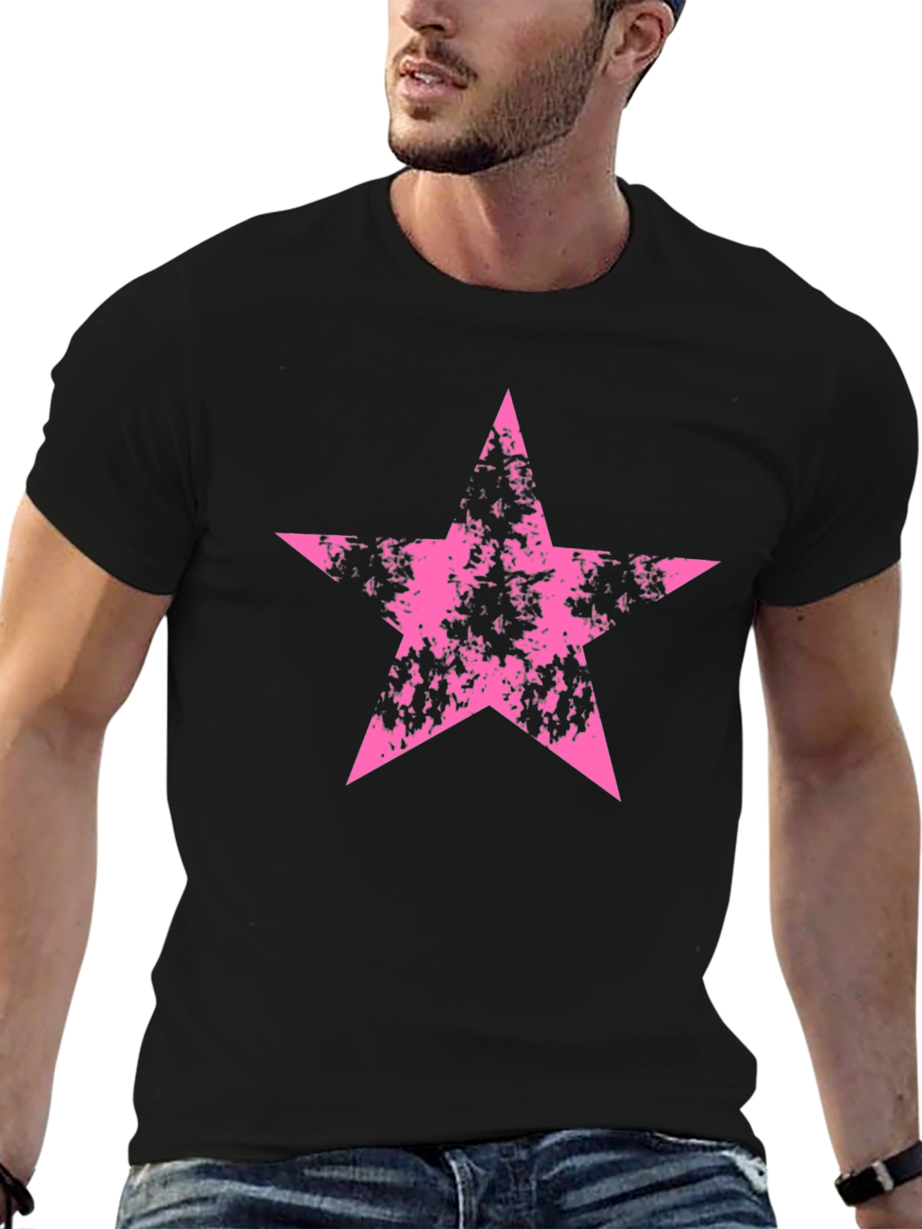 Pink Grunge Star Graphic Black T-Shirt