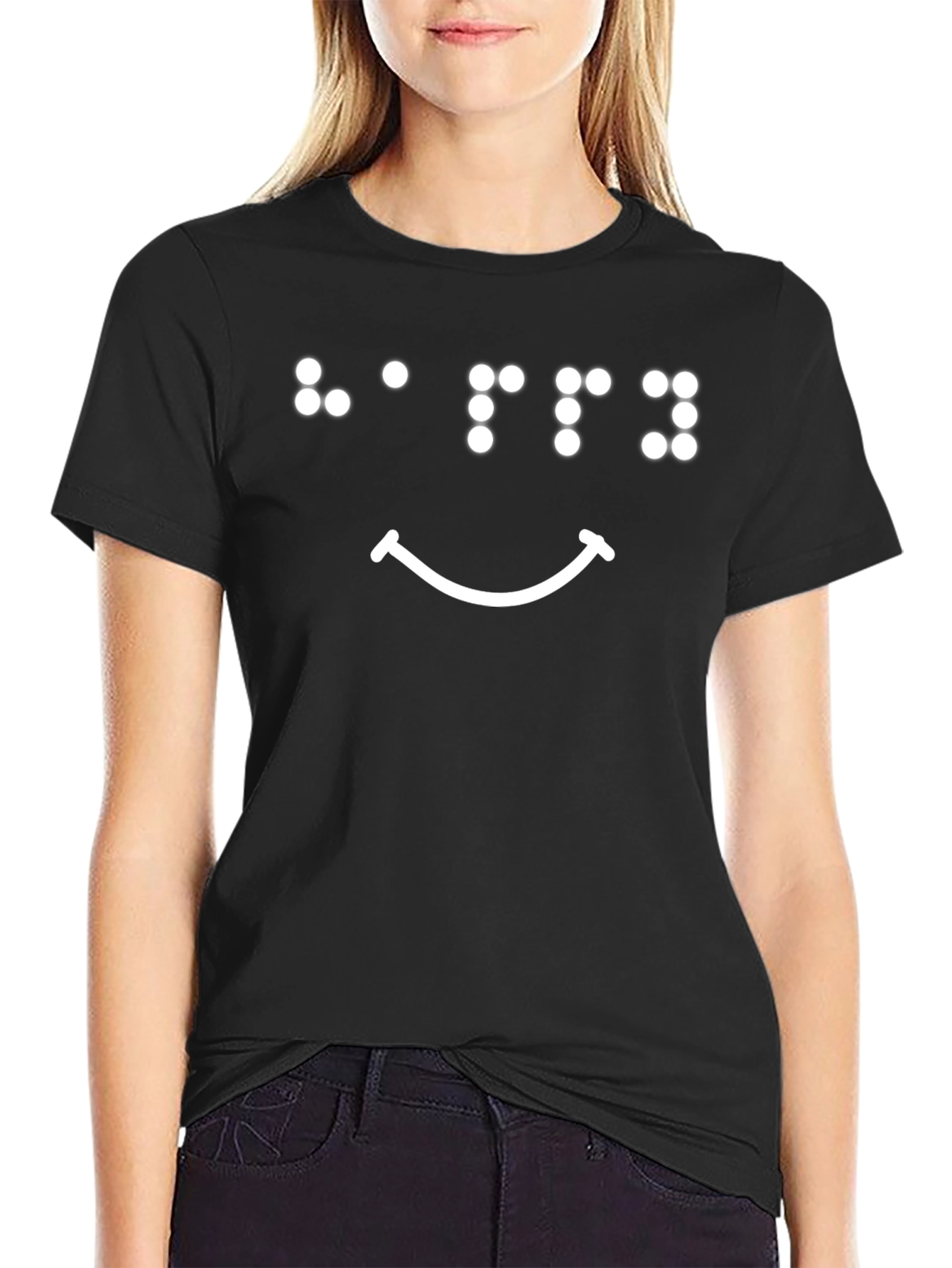Braille Smiley Face Graphic Tee - Black Cotton T-Shirt