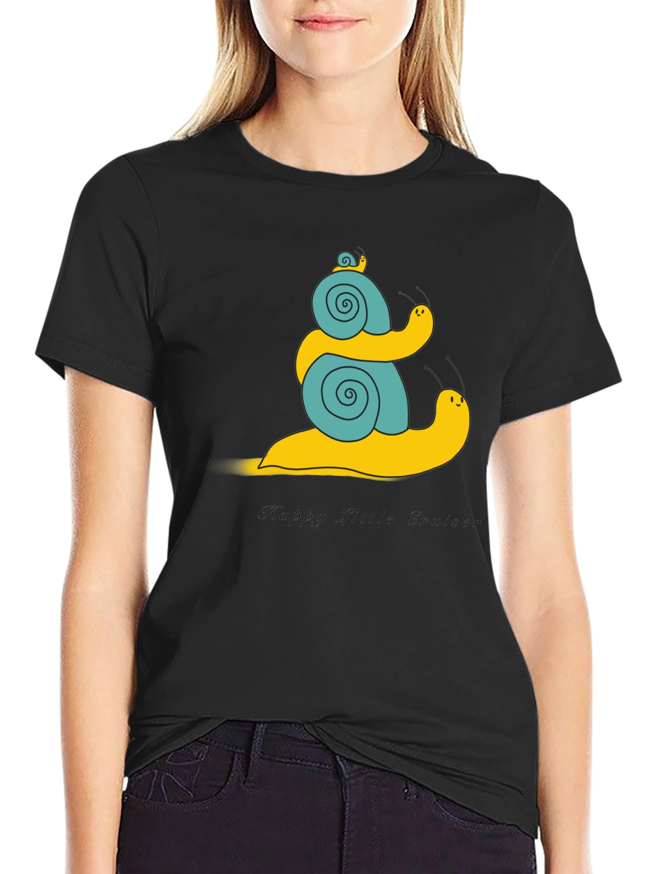 Snail Family Graphic Tee - Black Cotton T-Shirt