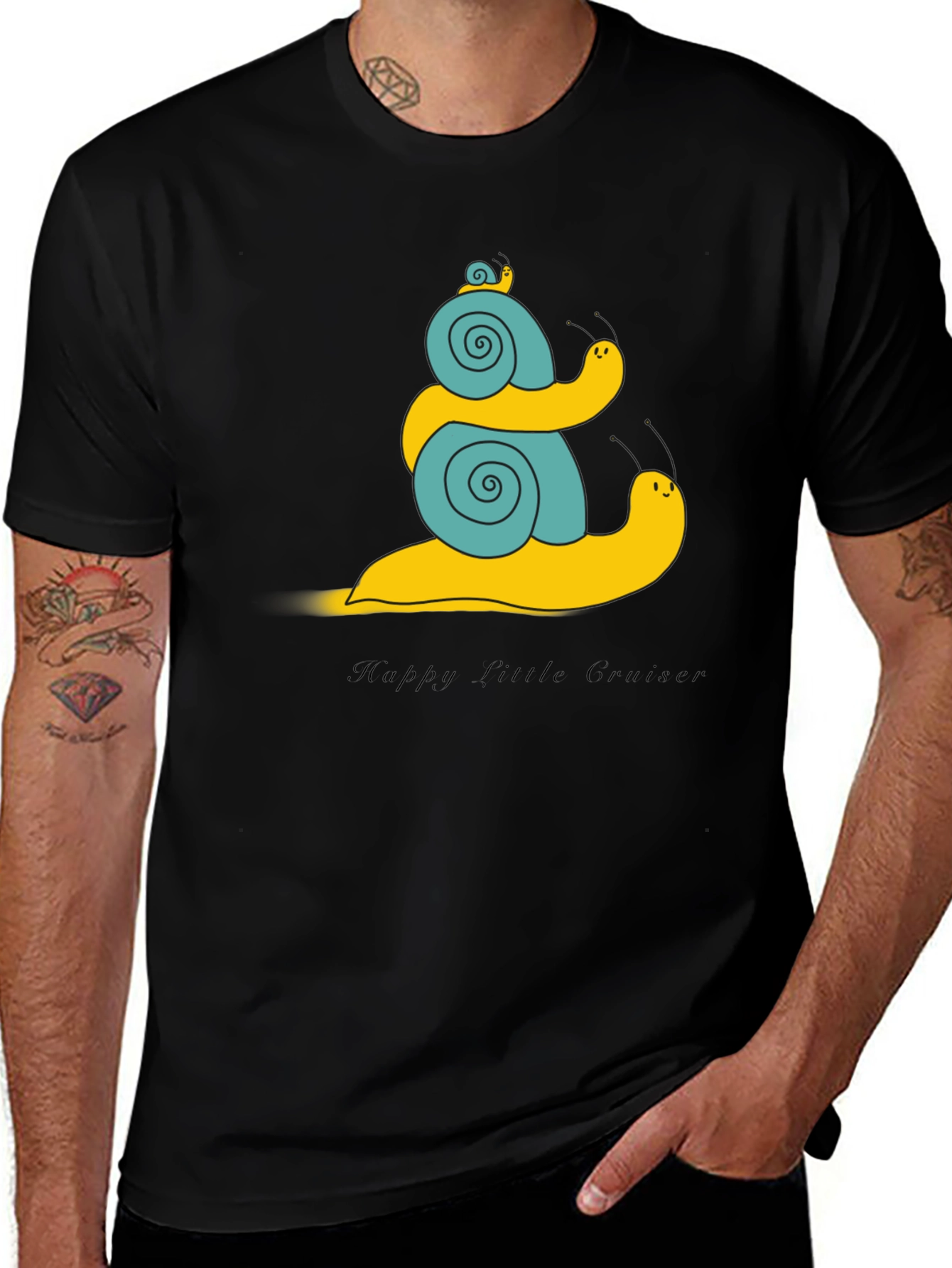Snail Family Graphic Tee - Black Cotton T-Shirt