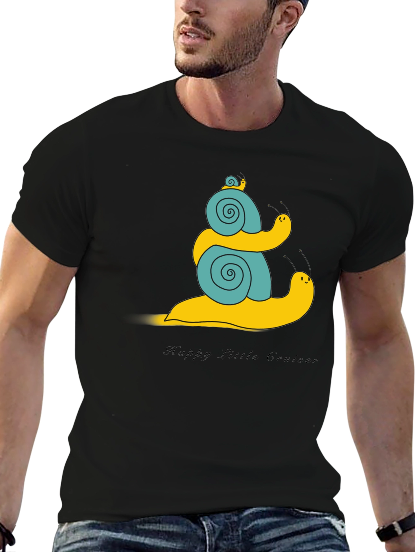Snail Family Graphic Tee - Black Cotton T-Shirt