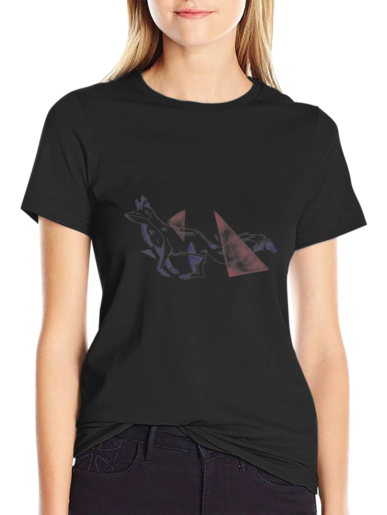 Black Graphic Tee with Abstract Fox Design