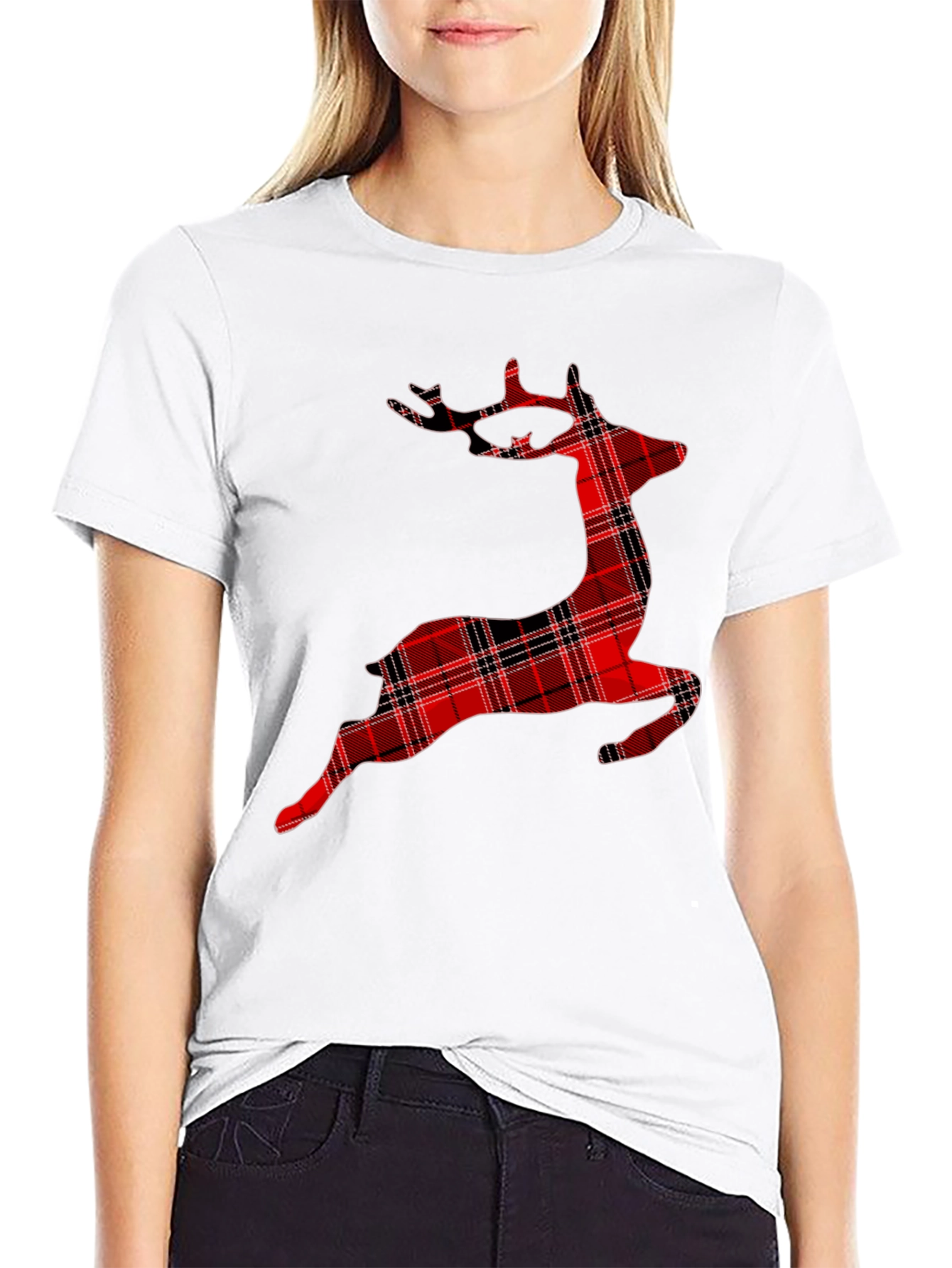 Red Plaid Reindeer Graphic T-Shirt