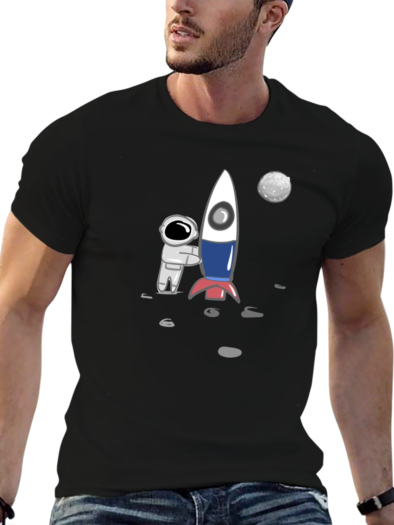 Astronaut & Rocket Graphic Tee - Black Cotton