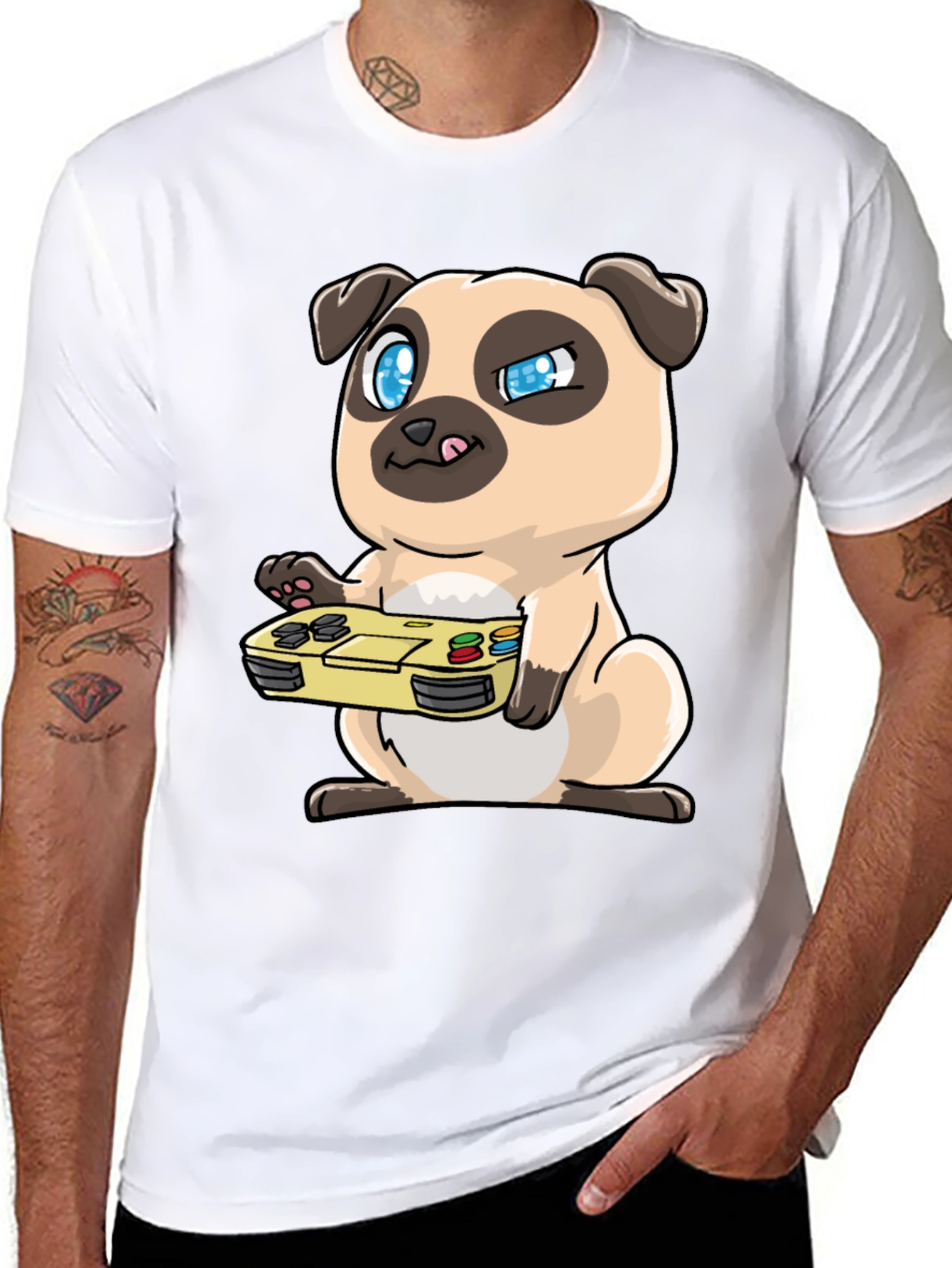 Gamer Pug Graphic Tee - Black Cotton T-Shirt