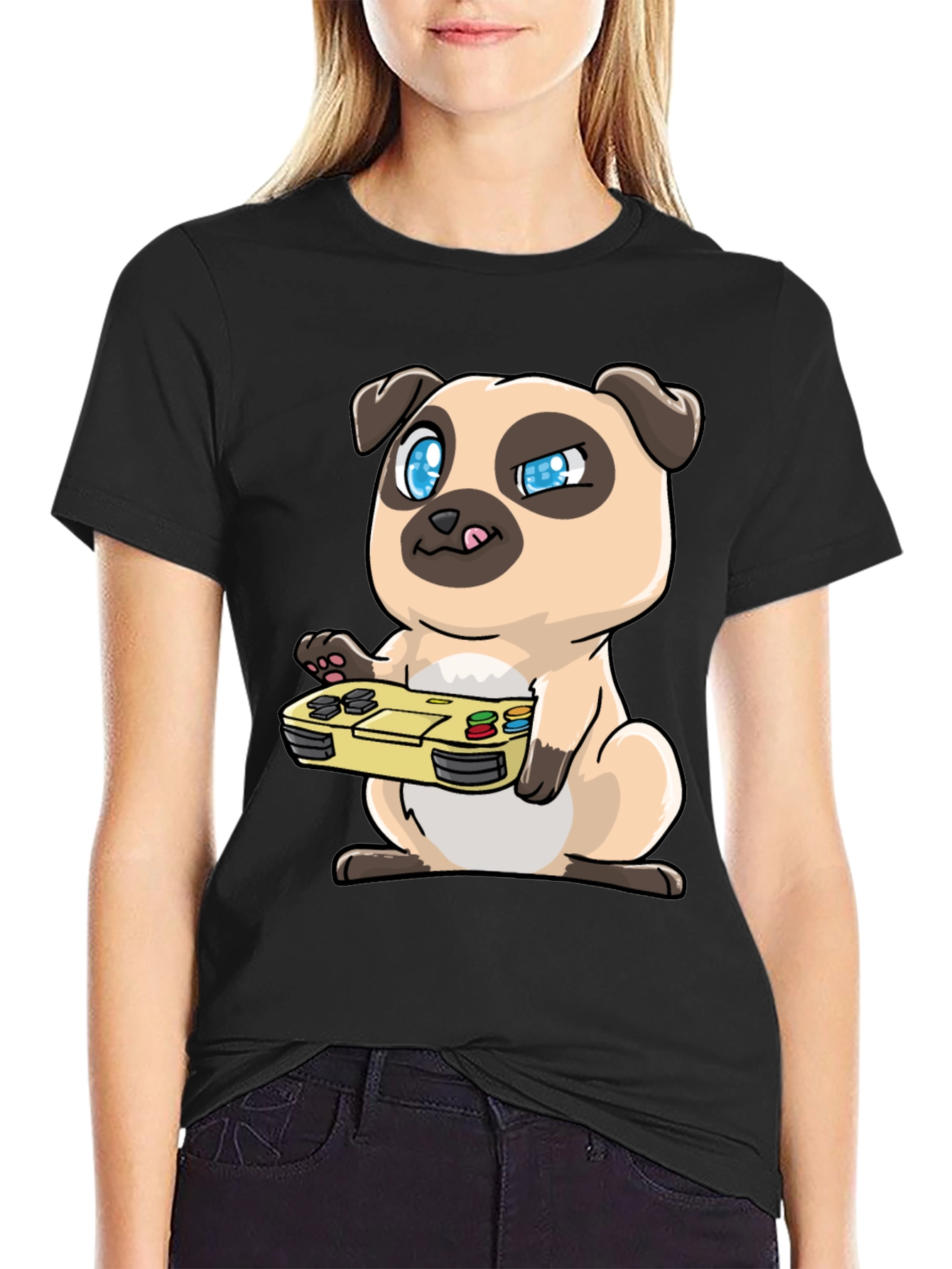 Gamer Pug Graphic Tee - Black Cotton T-Shirt