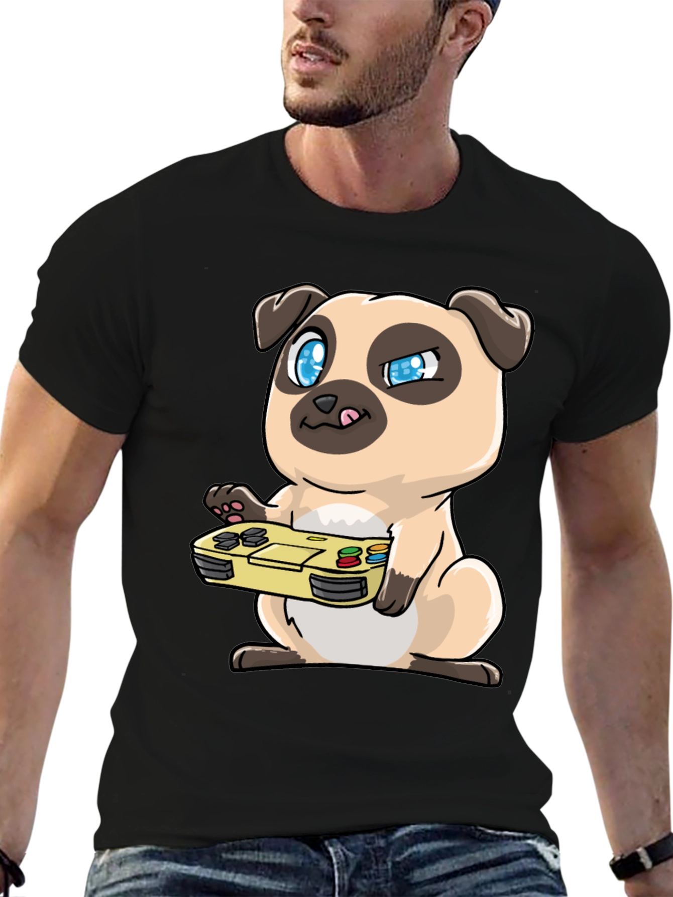 Gamer Pug Graphic Tee - Black Cotton T-Shirt