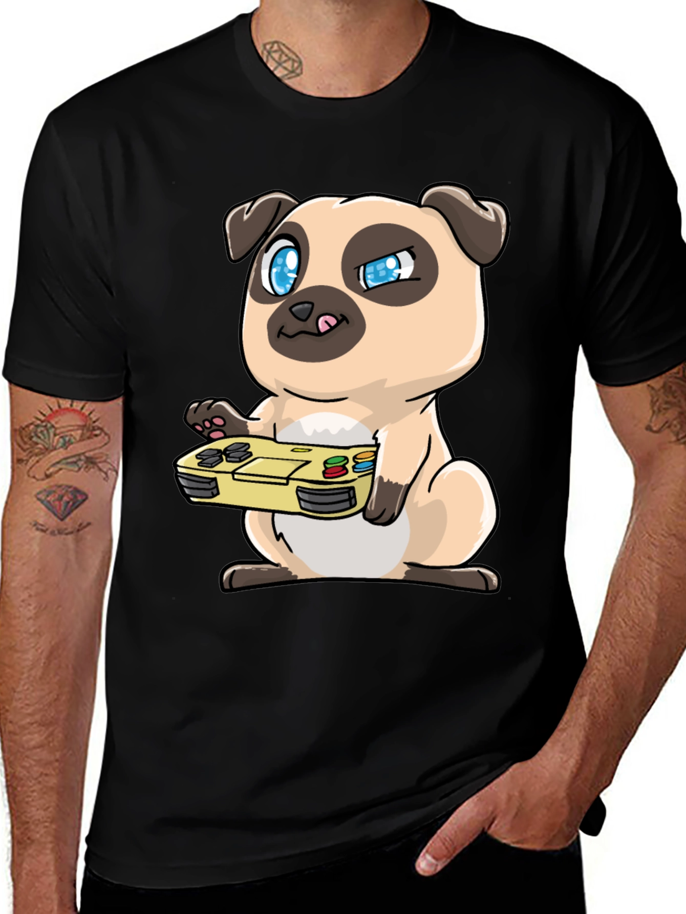 Gamer Pug Graphic Tee - Black Cotton T-Shirt
