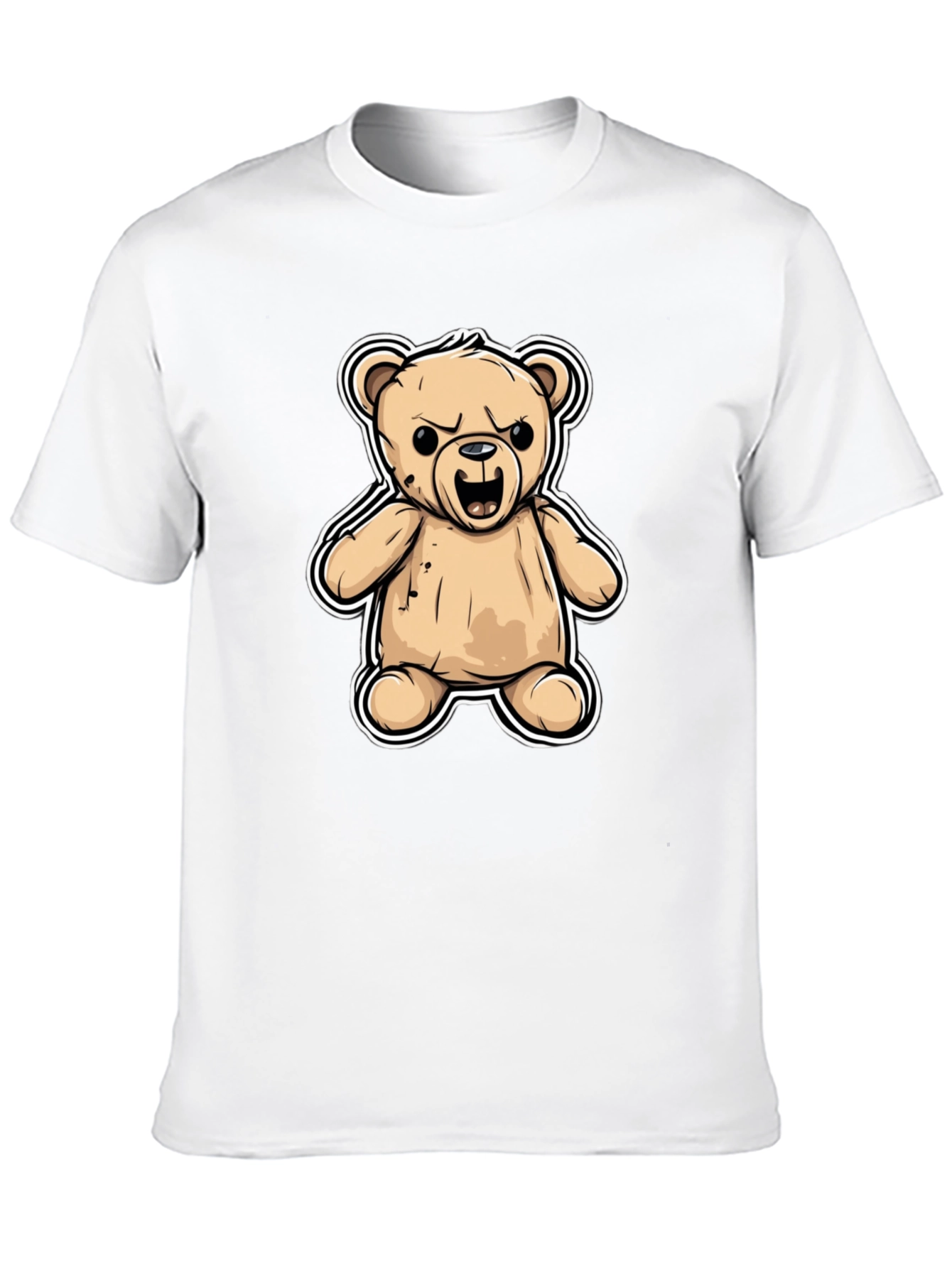 Mens Black T-Shirt with Cartoon Angry Teddy Bear Design