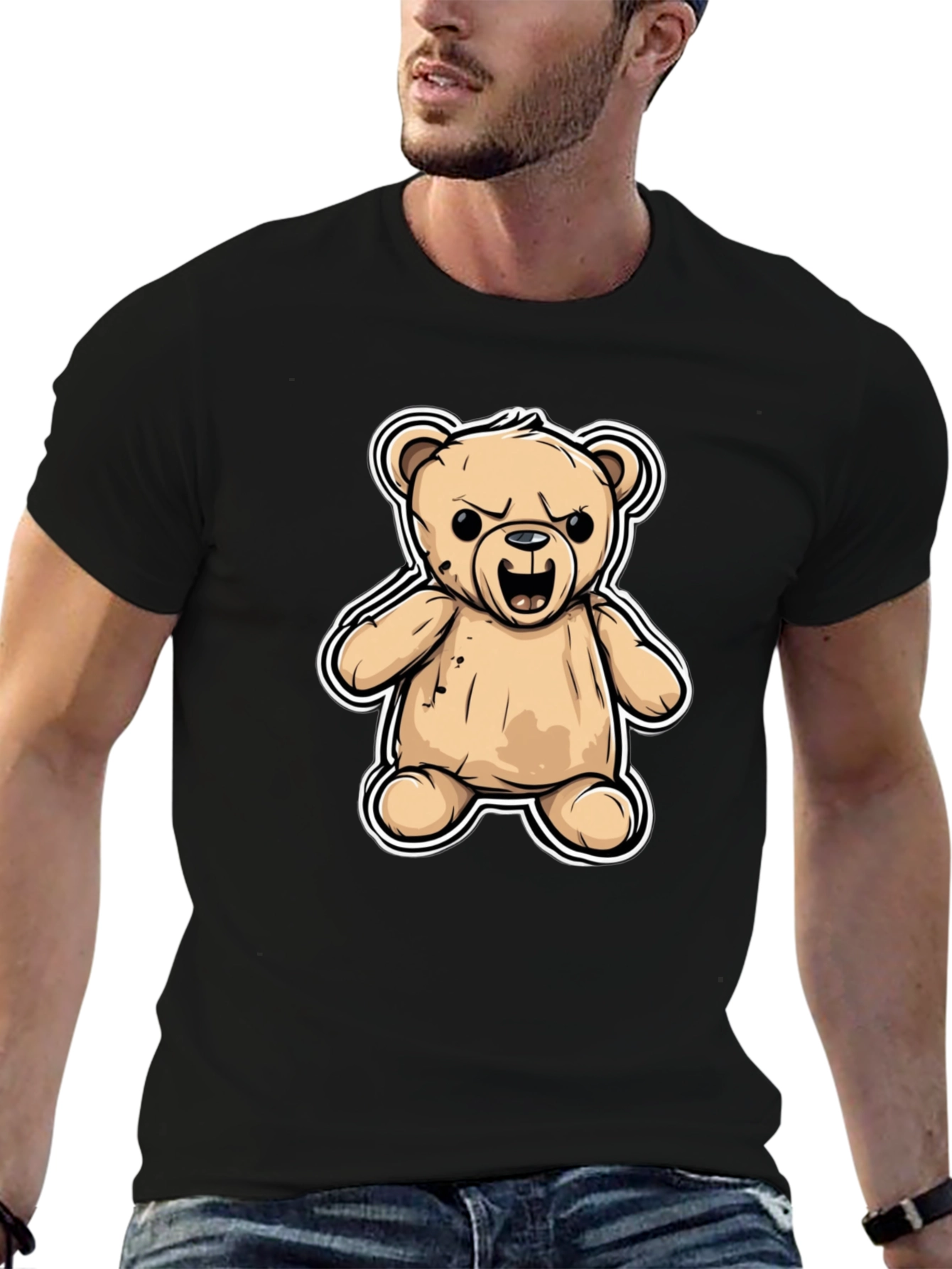 Mens Black T-Shirt with Cartoon Angry Teddy Bear Design