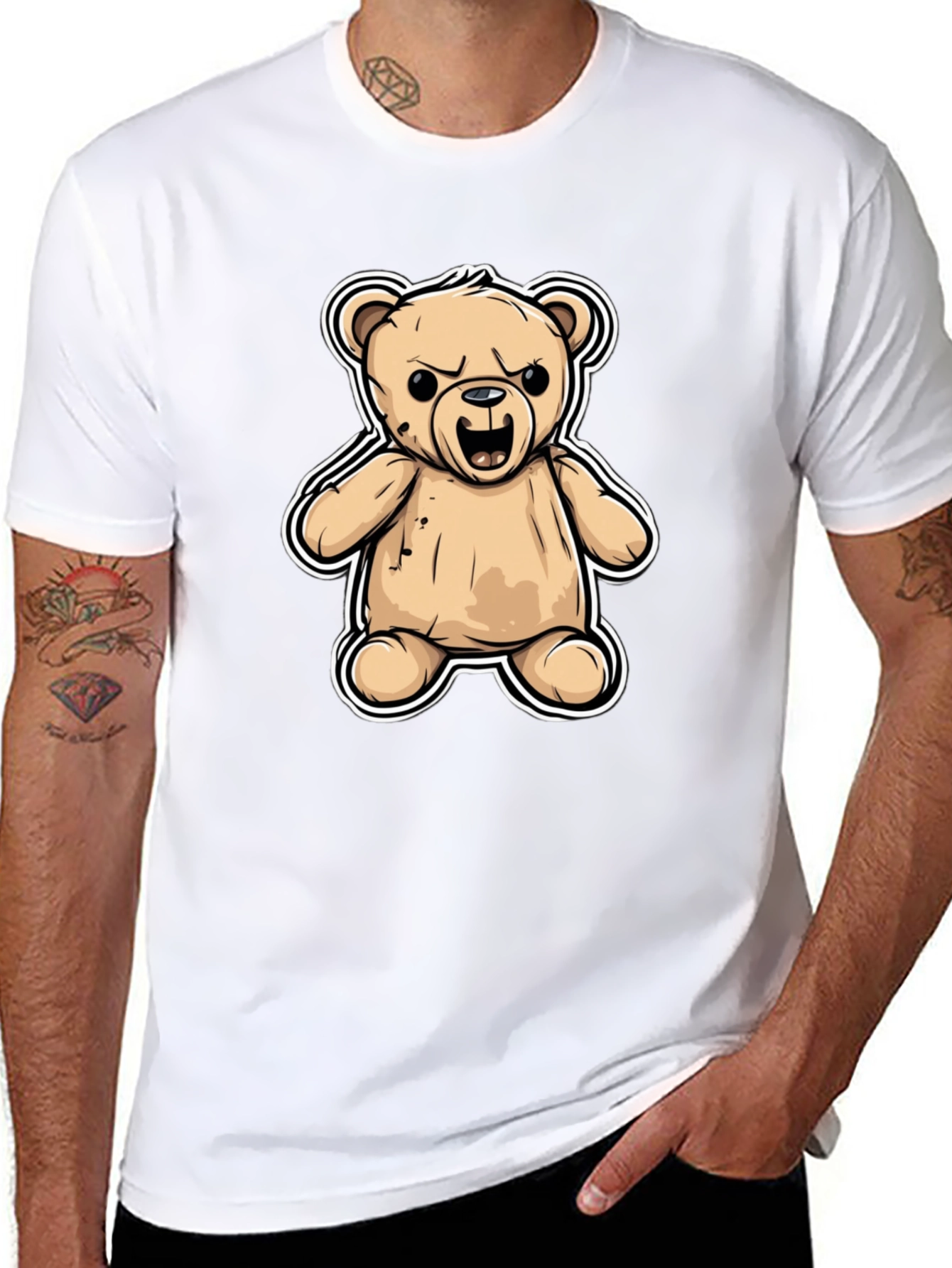 Mens Black T-Shirt with Cartoon Angry Teddy Bear Design