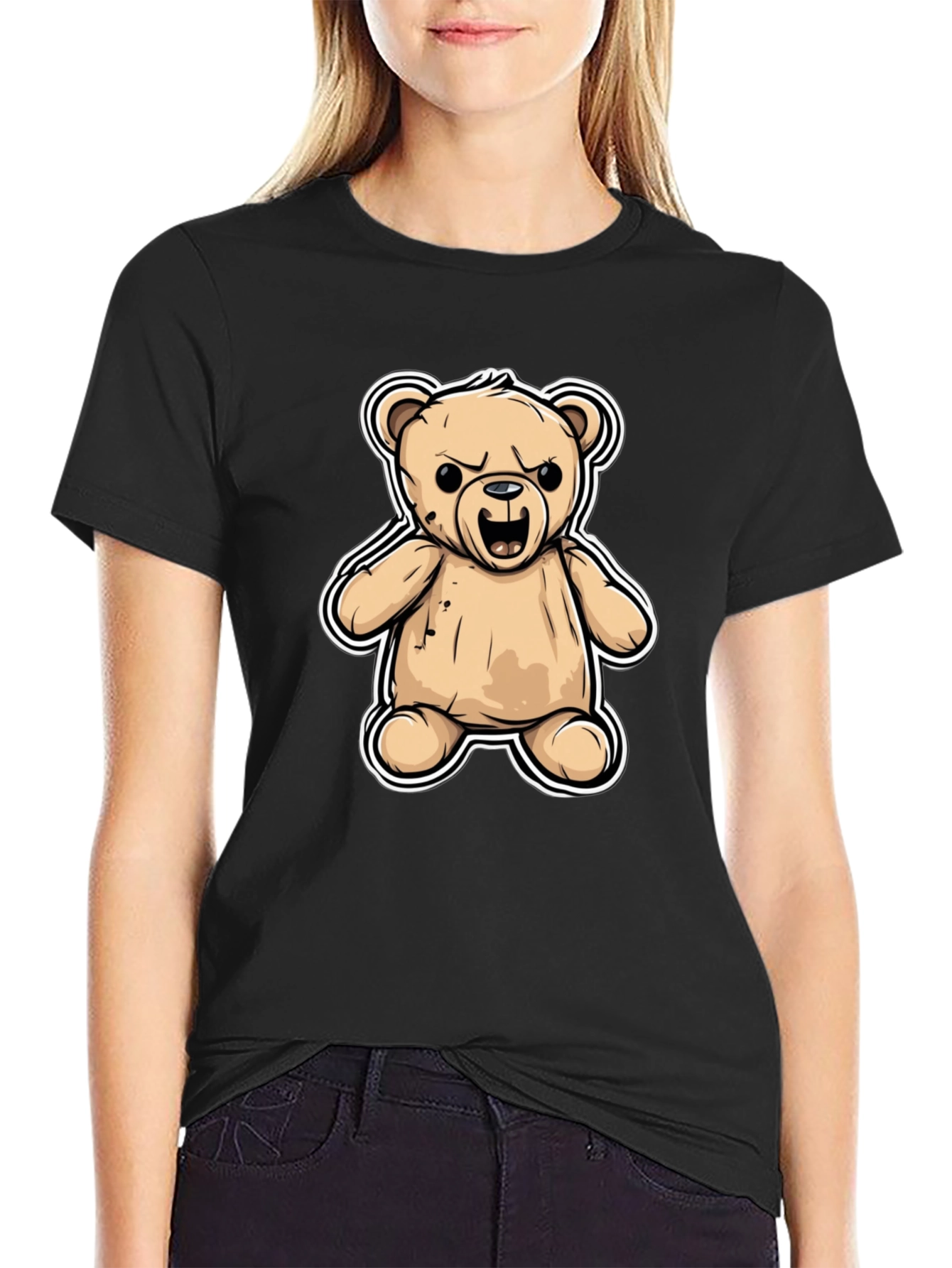 Mens Black T-Shirt with Cartoon Angry Teddy Bear Design