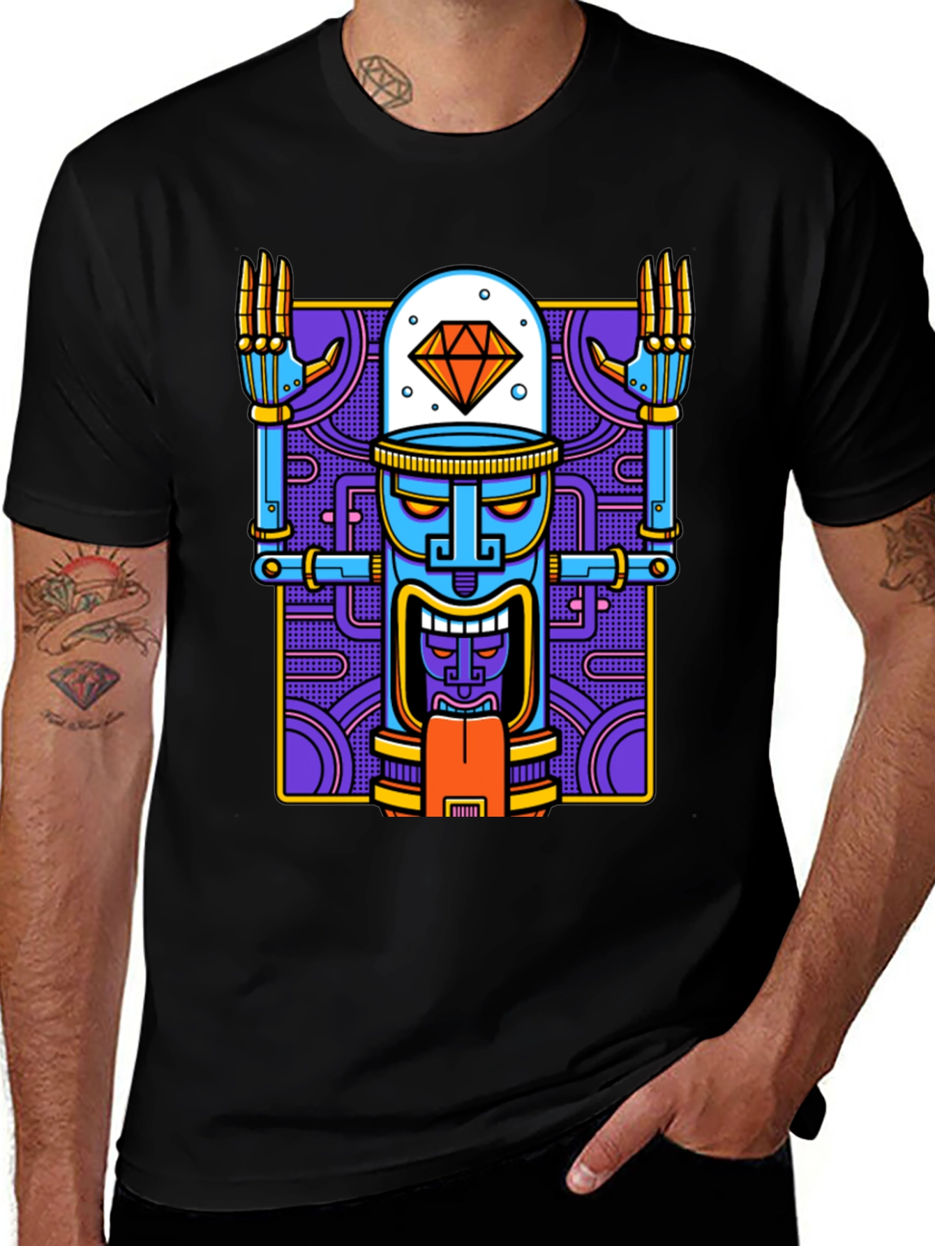 Robot Tiki Head Graphic T-Shirt - Unique Design