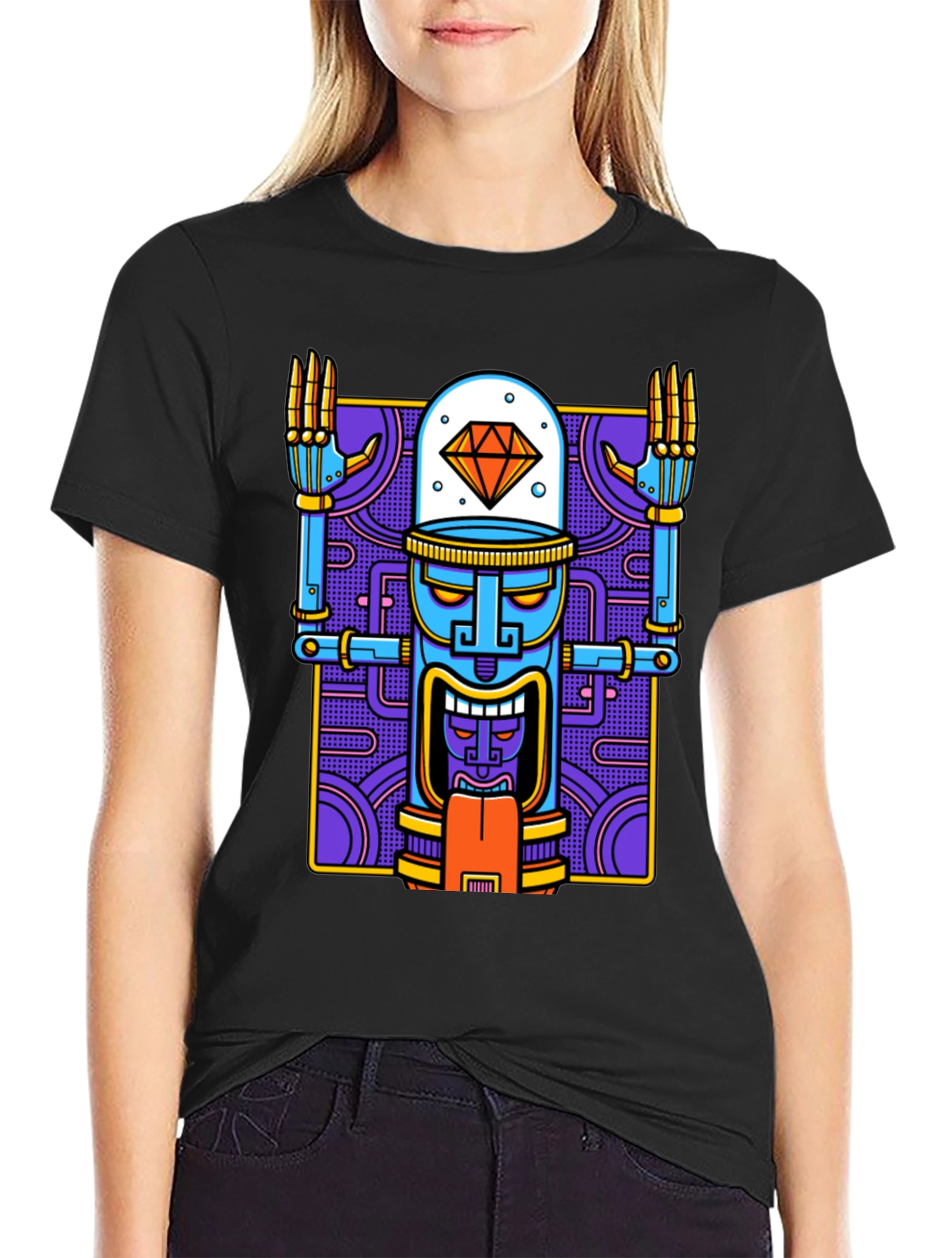 Robot Tiki Head Graphic T-Shirt - Unique Design