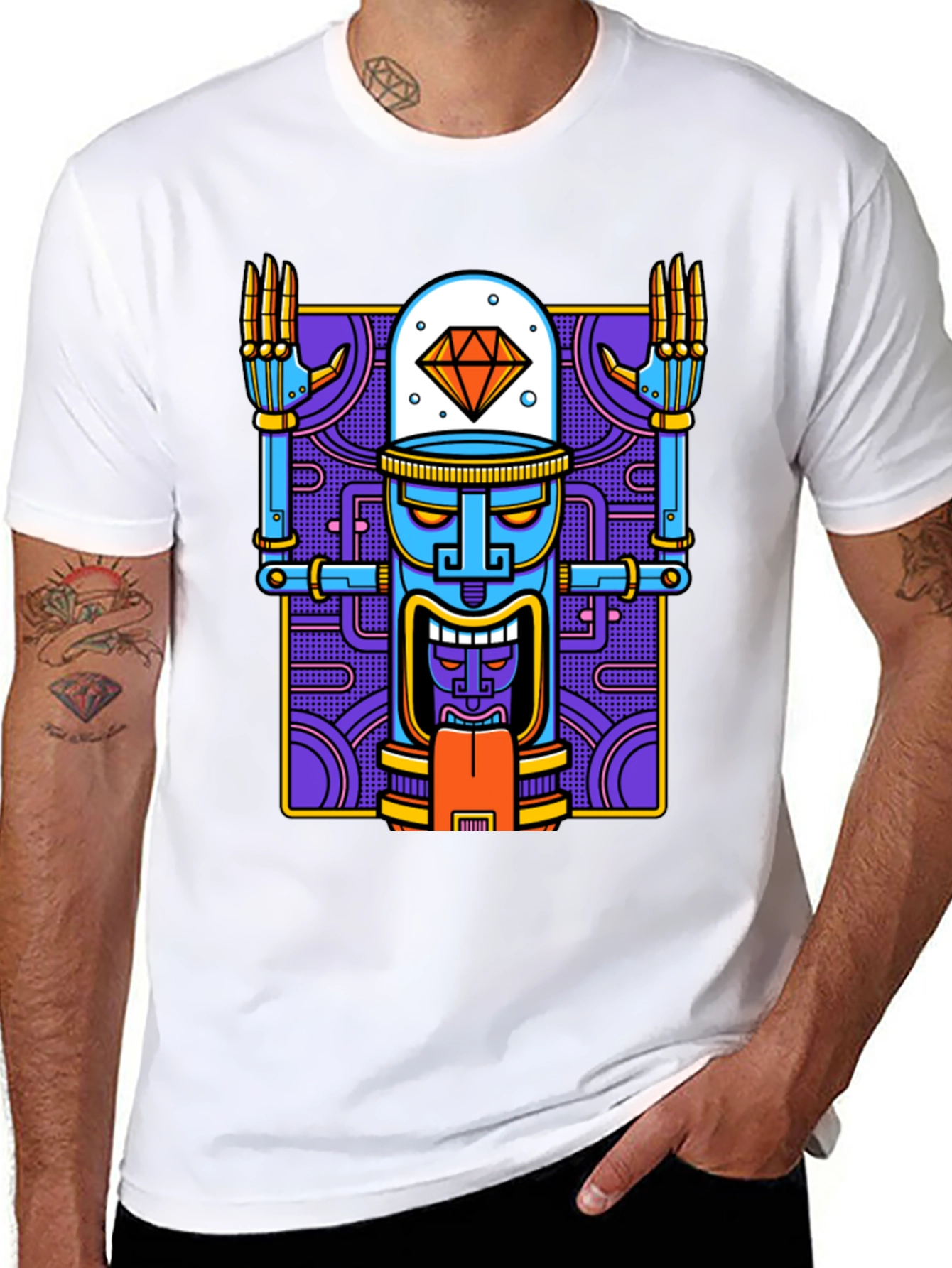 Robot Tiki Head Graphic T-Shirt - Unique Design