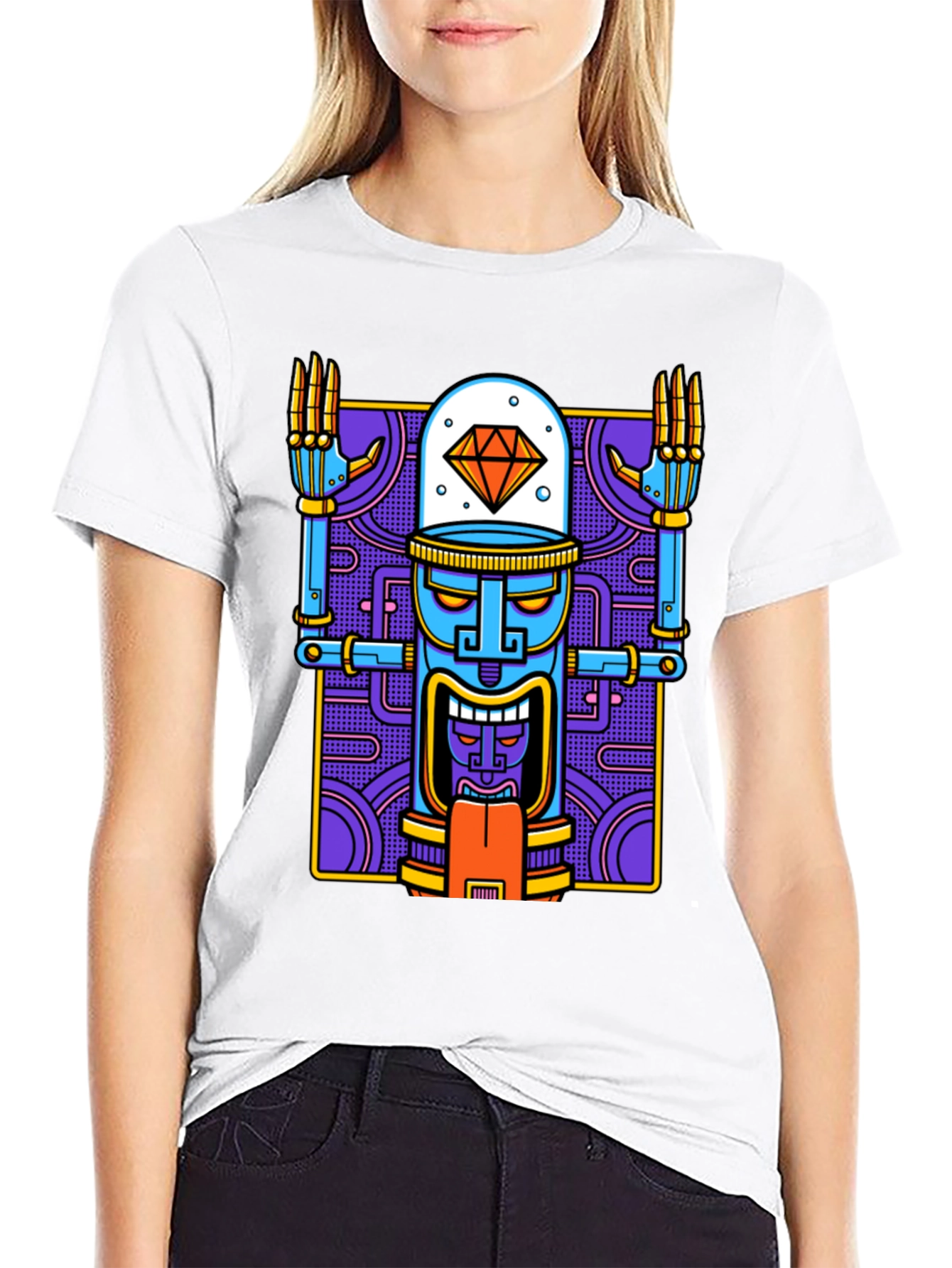 Robot Tiki Head Graphic T-Shirt - Unique Design