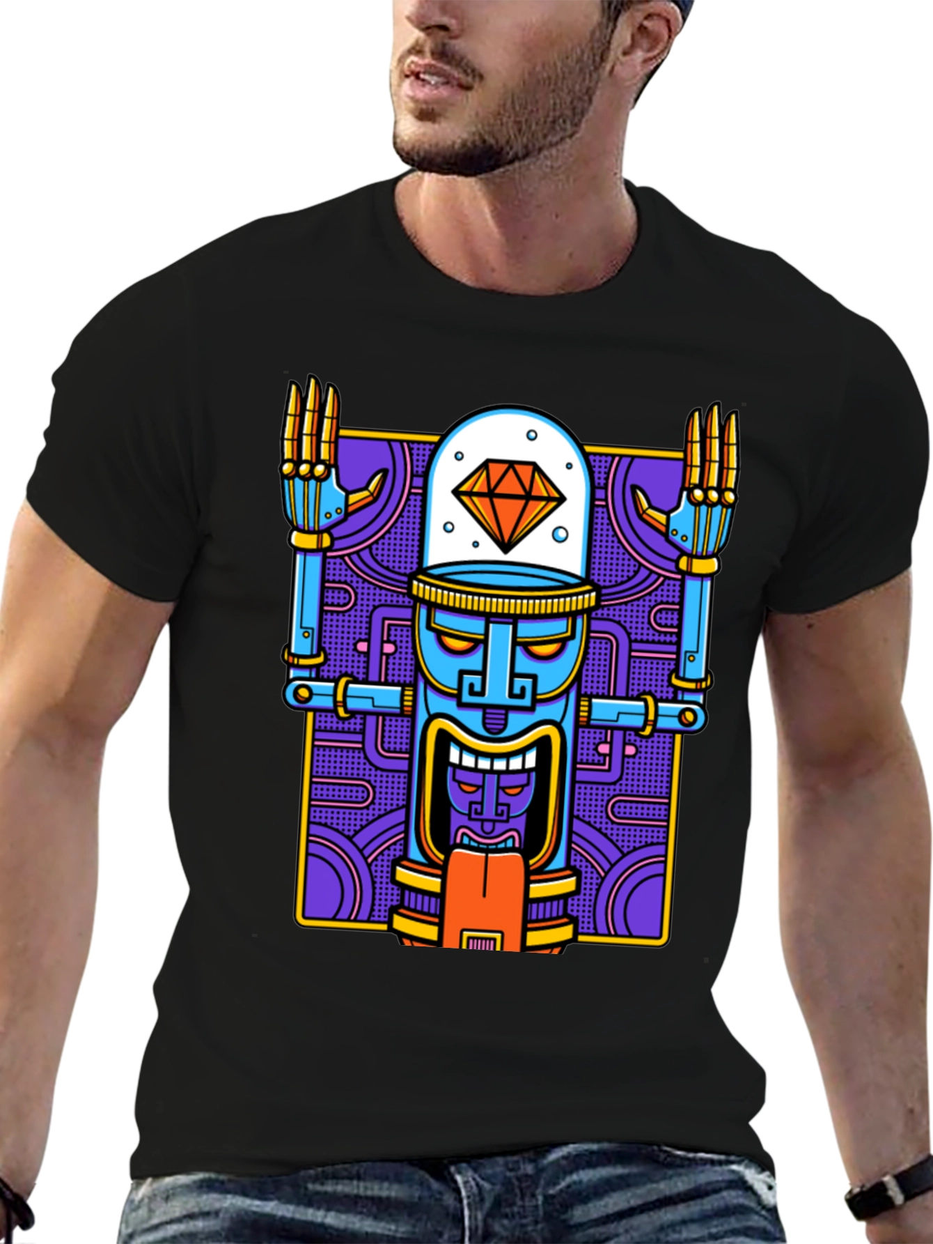 Robot Tiki Head Graphic T-Shirt - Unique Design