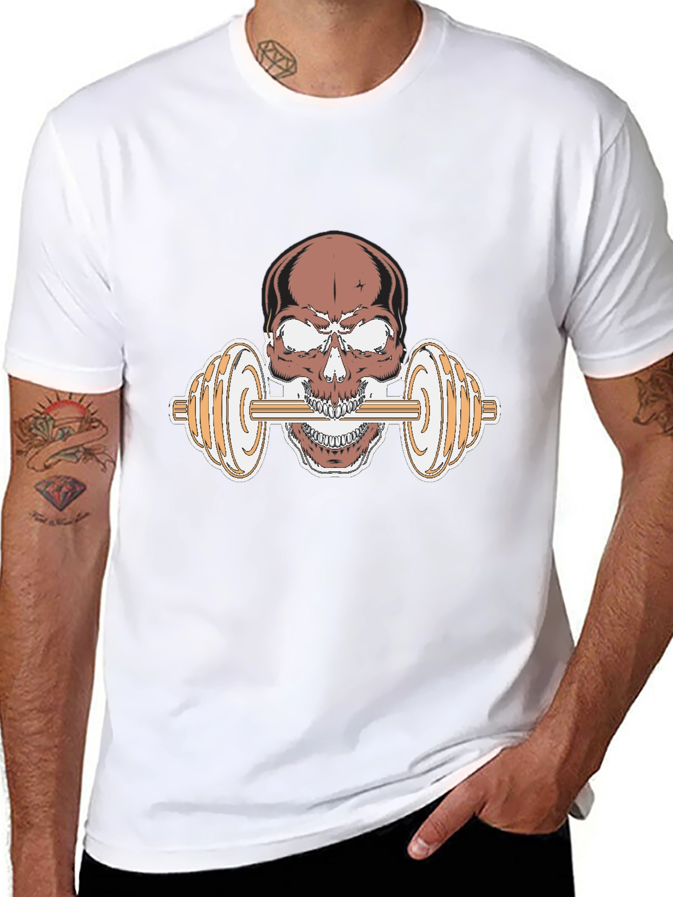 Skull Dumbbell Graphic Tee - Black Cotton T-Shirt