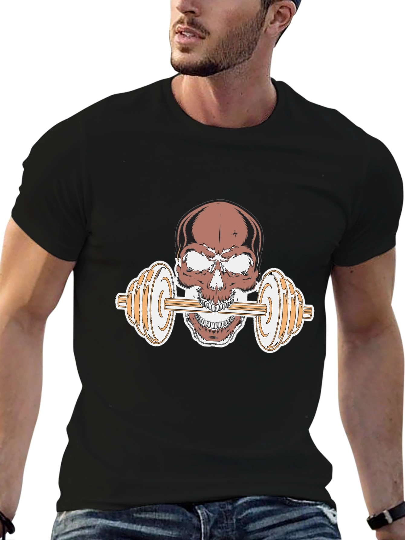 Skull Dumbbell Graphic Tee - Black Cotton T-Shirt