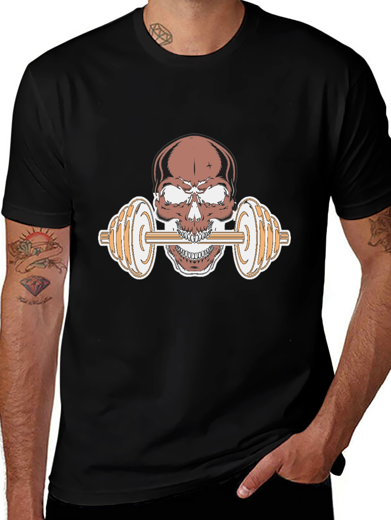 Skull Dumbbell Graphic Tee - Black Cotton T-Shirt