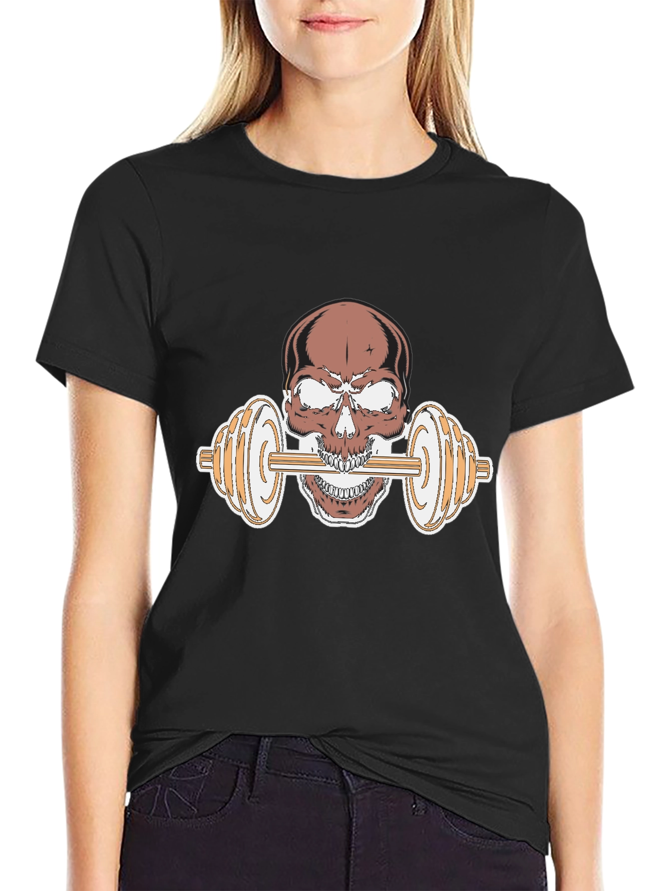 Skull Dumbbell Graphic Tee - Black Cotton T-Shirt