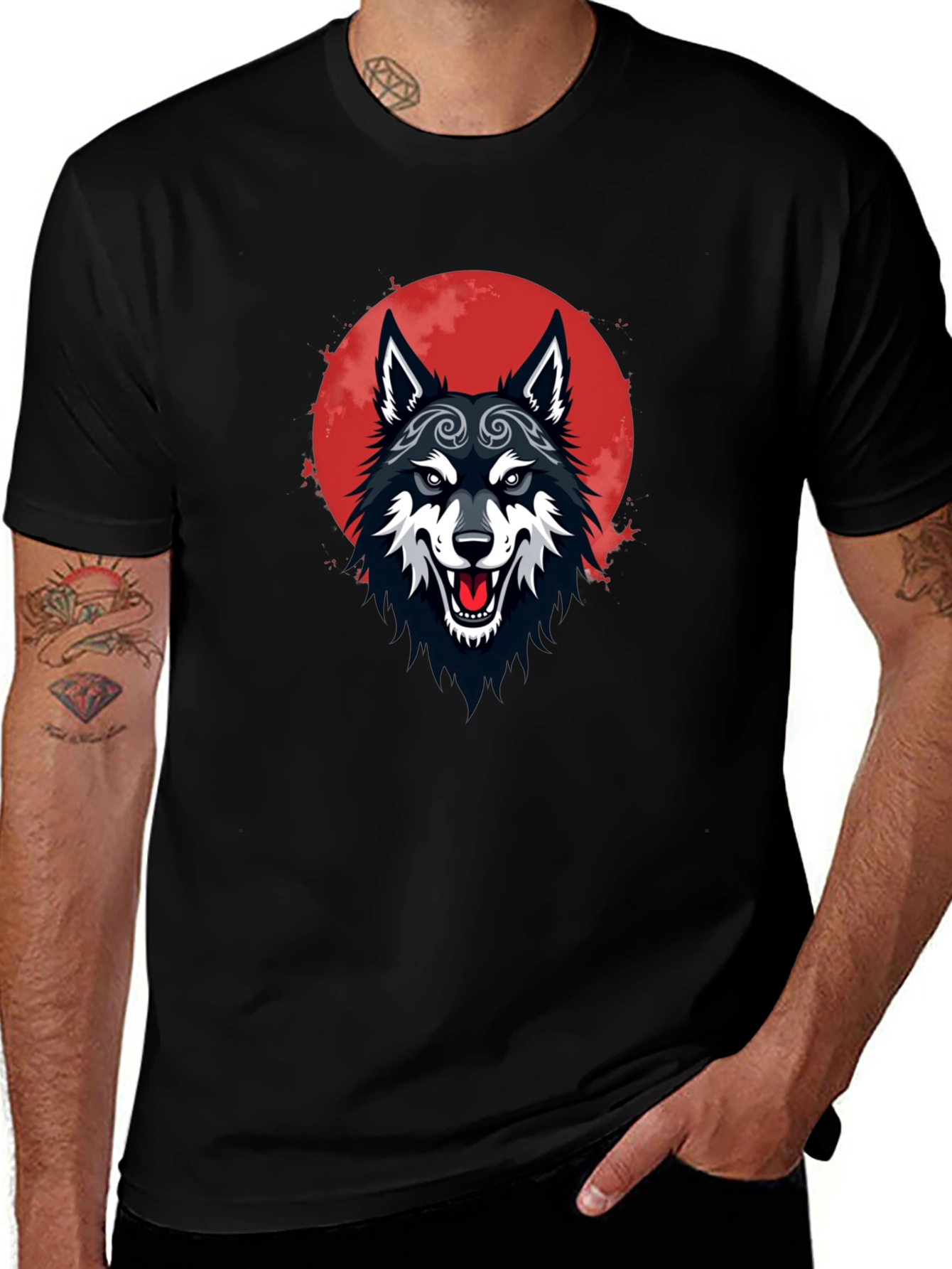 Black Wolf Moon Graphic Tee - Mens Cotton T-Shirt