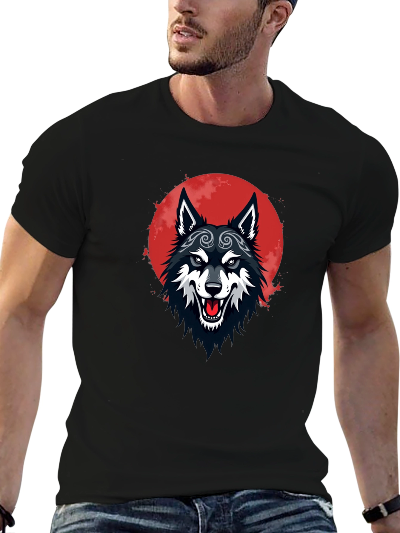 Black Wolf Moon Graphic Tee - Mens Cotton T-Shirt